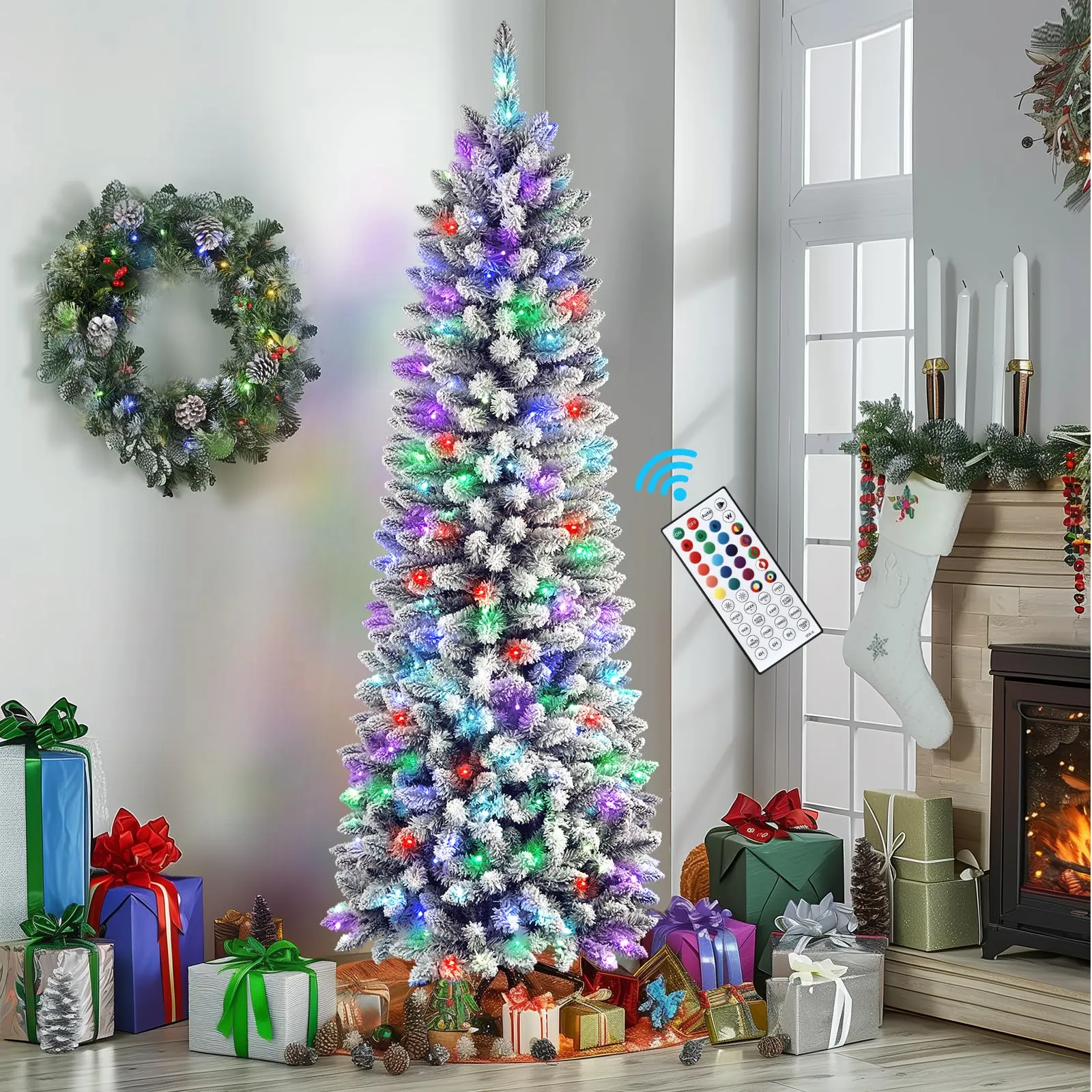 7.5ft Prelit Multi-Color RGB Lights Snow Flocked Artificial Hinged Slim Pencil Christmas Tree with Remote Control