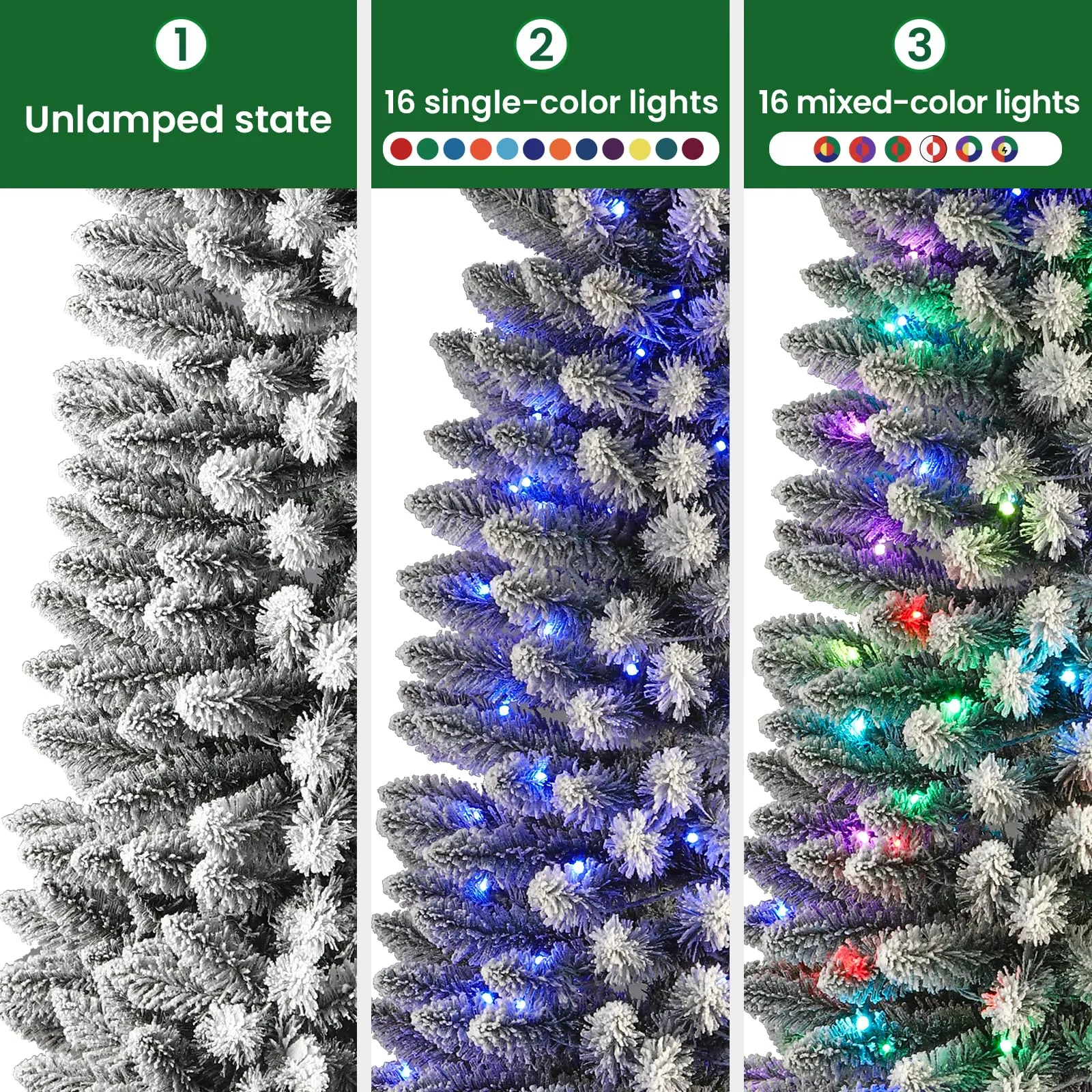 7.5ft Prelit Multi-Color RGB Lights Snow Flocked Artificial Hinged Slim Pencil Christmas Tree with Remote Control