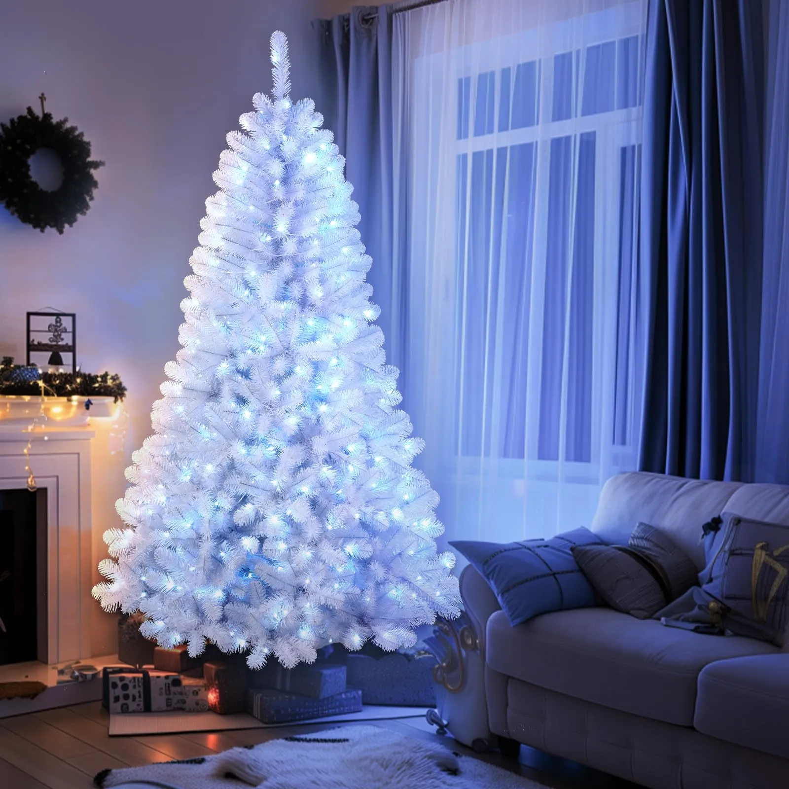 7.5ft Prelit RGB Lights Premium Artificial Hinged White Christmas Tree