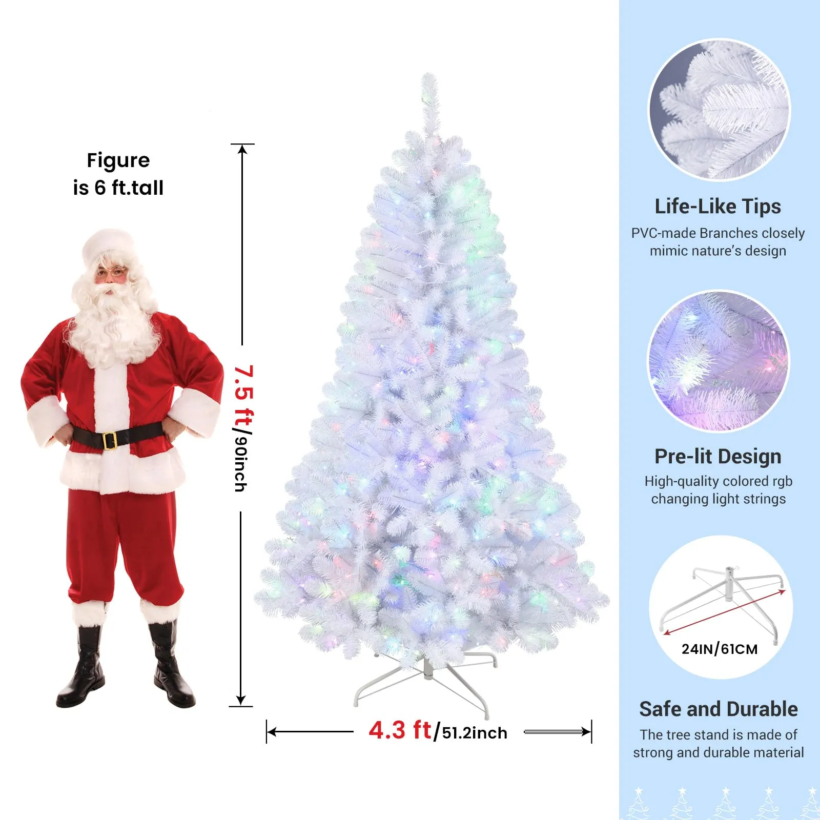 7.5ft Prelit RGB Lights Premium Artificial Hinged White Christmas Tree