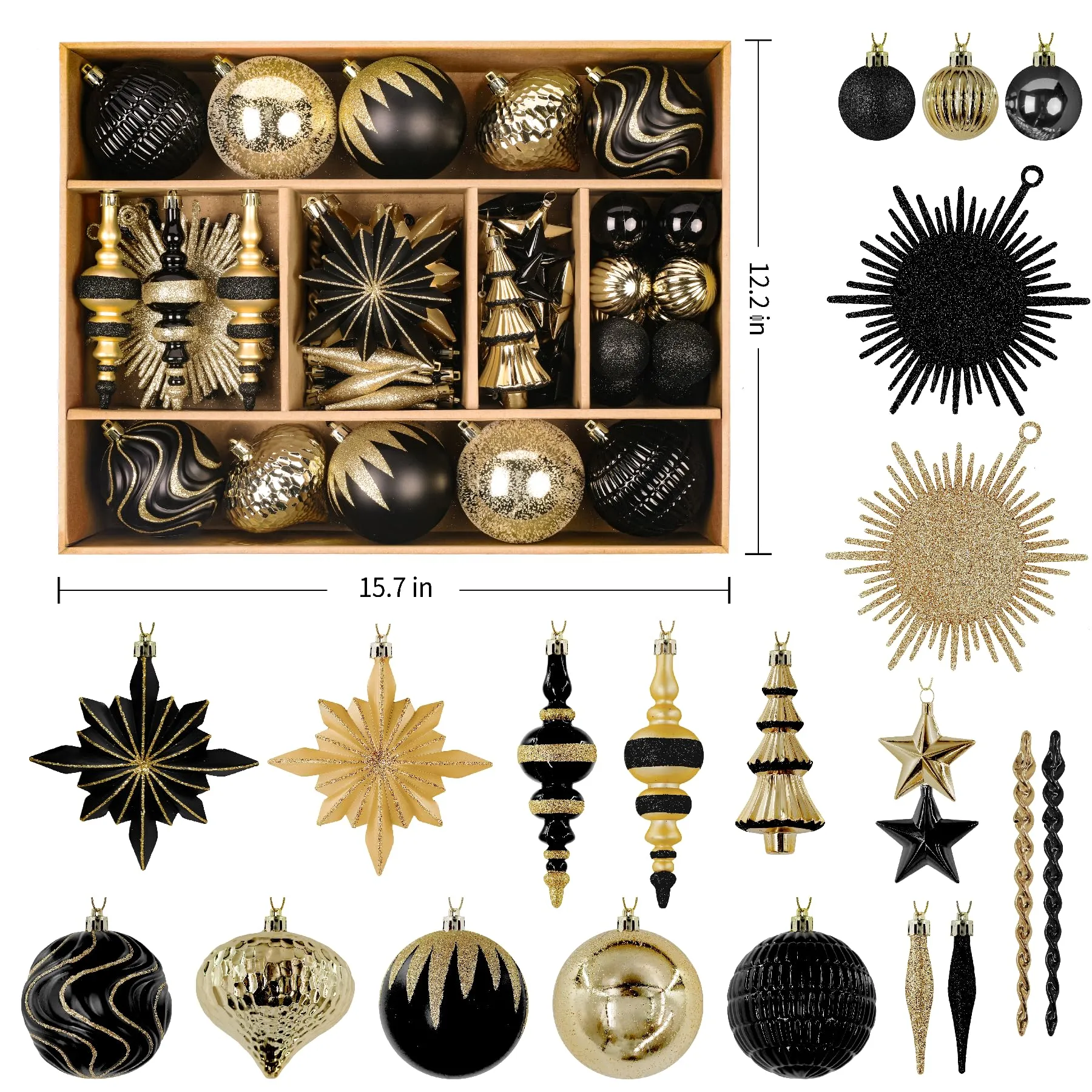 80 Ct Black and Gold Christmas Ball Ornament Set