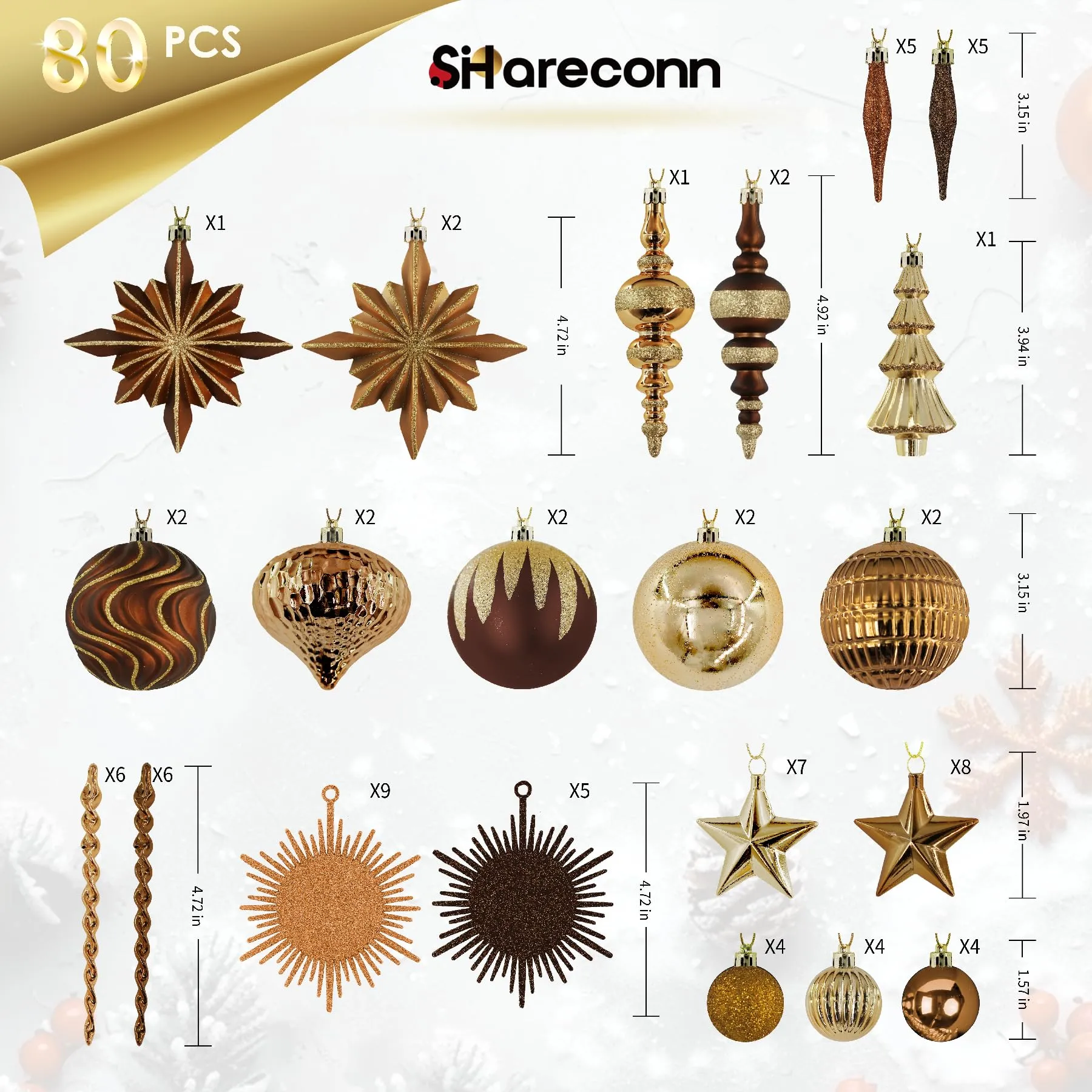 80ct Bronze-Gold Christmas Ball Ornament Set