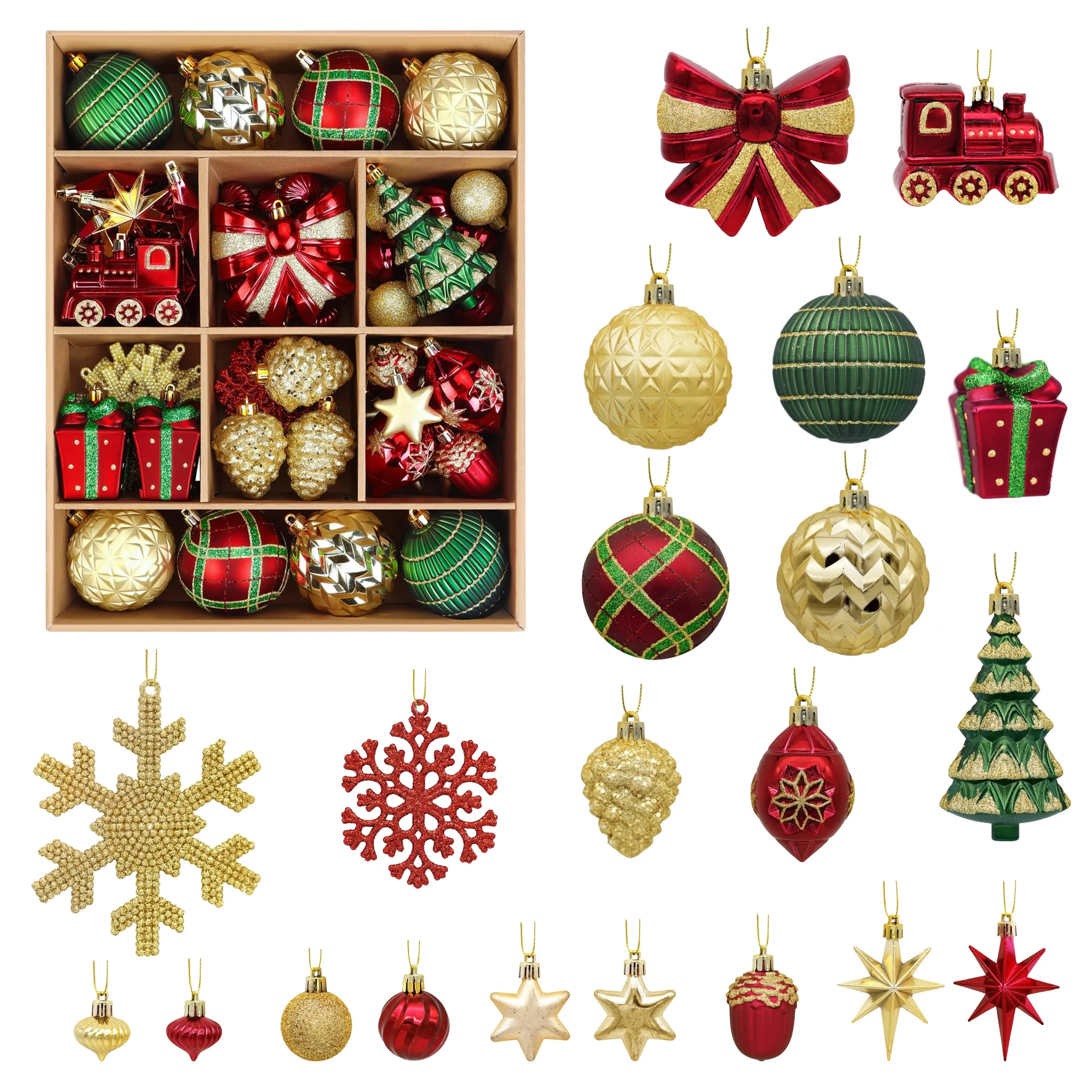 82pcs Gold,Red and Green Christmas Balls Ornaments Set with Hanging Strings