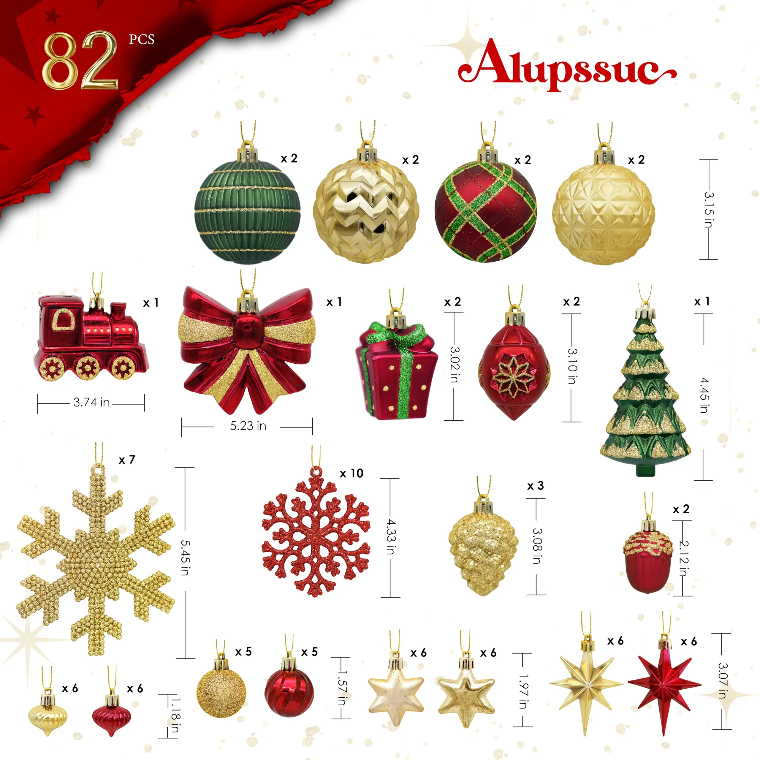 82pcs Gold,Red and Green Christmas Balls Ornaments Set with Hanging Strings