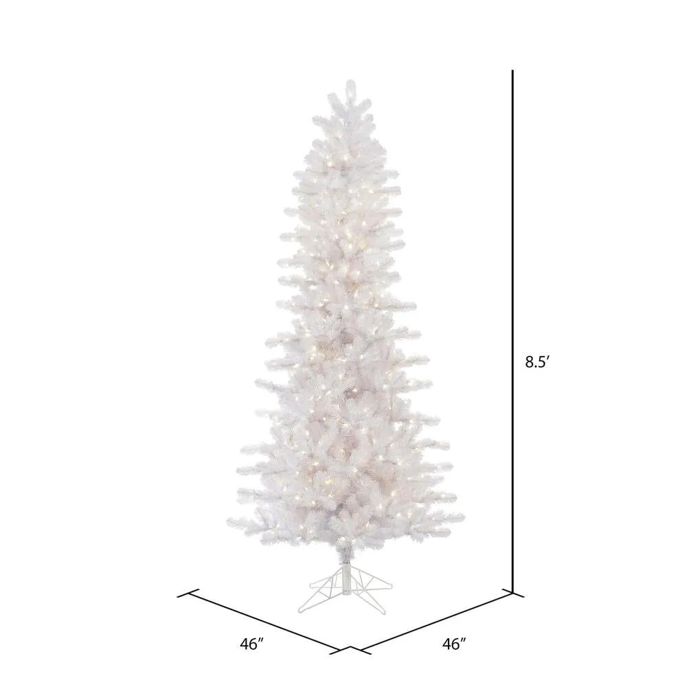 8.5' Crystal White Pine Slim Artificial Christmas Tree Pure White LED Lights