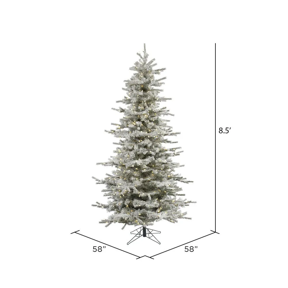 8.5' Flocked Sierra Fir Slim Artificial Xmas Tree Pure White Single Mold LED