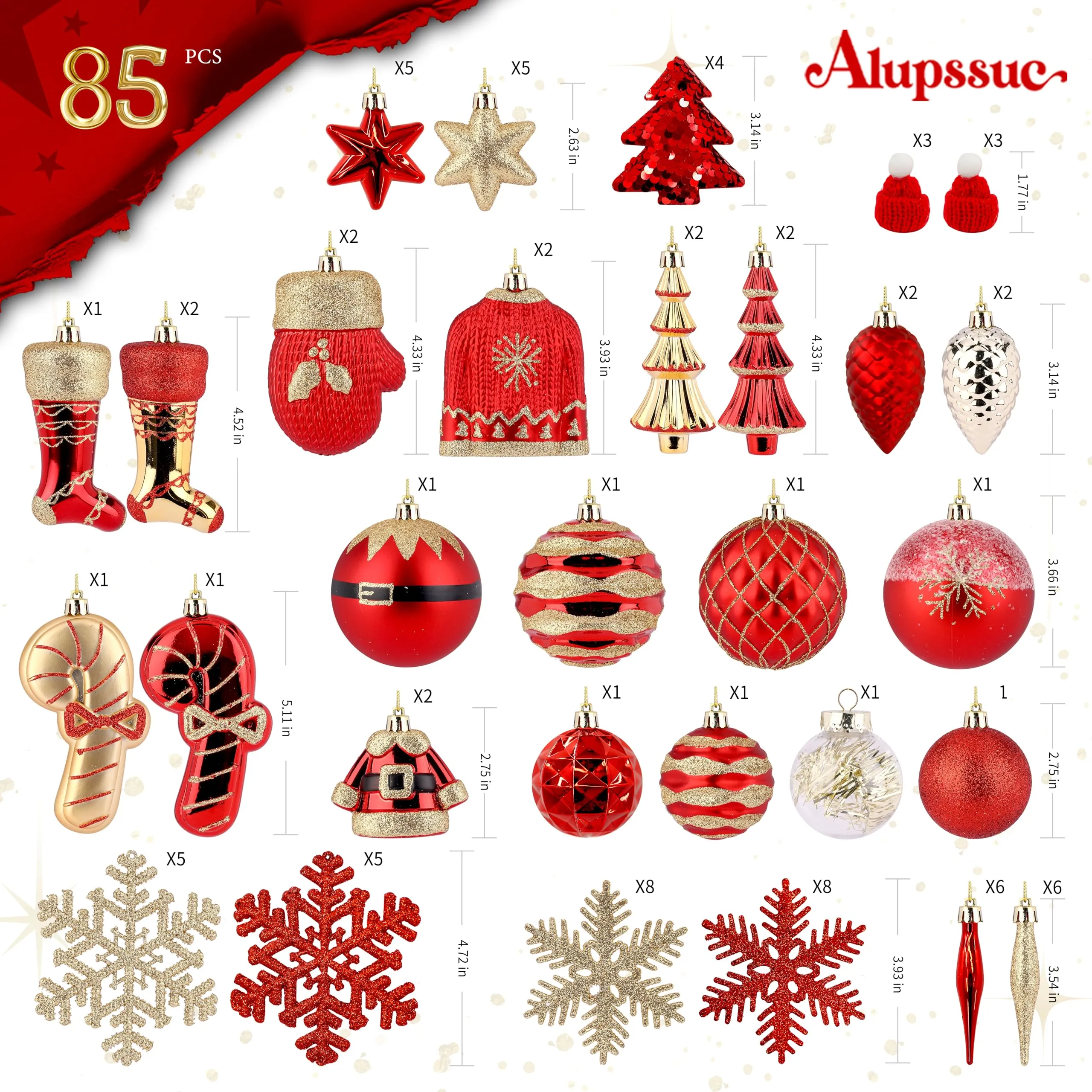 85ct Red & Gold Christmas Balls Ornaments Set with Hanging Strings