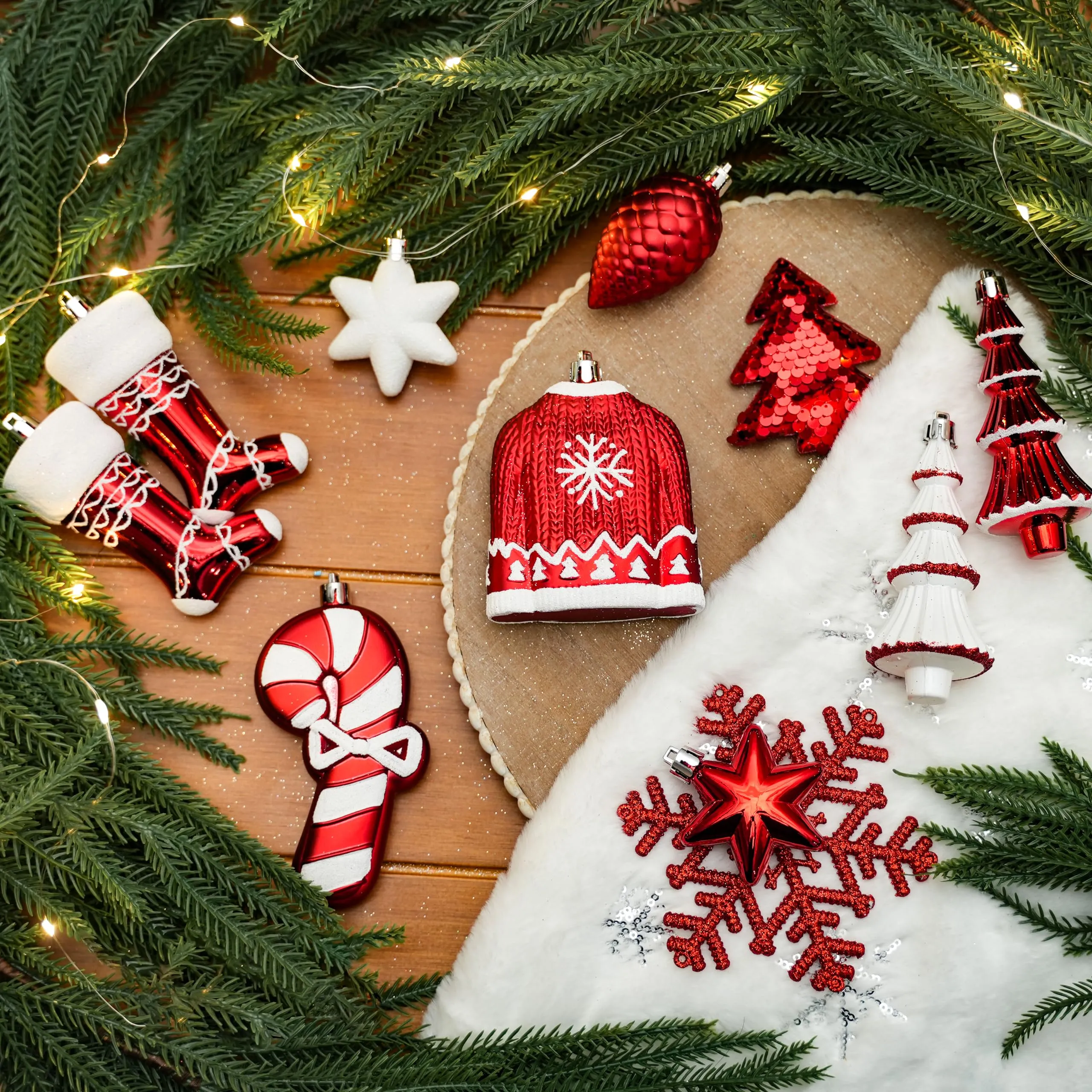 85ct Red & White Christmas Balls Ornaments Set with Hanging Strings