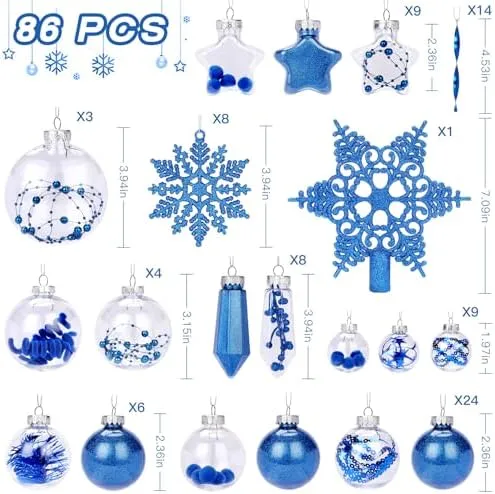 86pcs Blue Shatterproof Plastic Clear Christmas Balls Ornaments Set