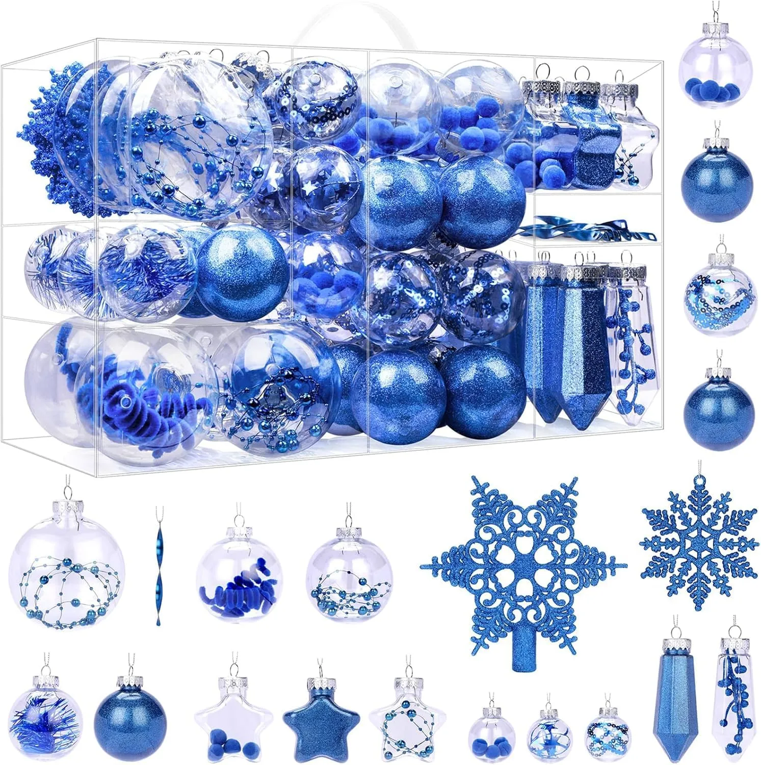 86pcs Blue Shatterproof Plastic Clear Christmas Balls Ornaments Set