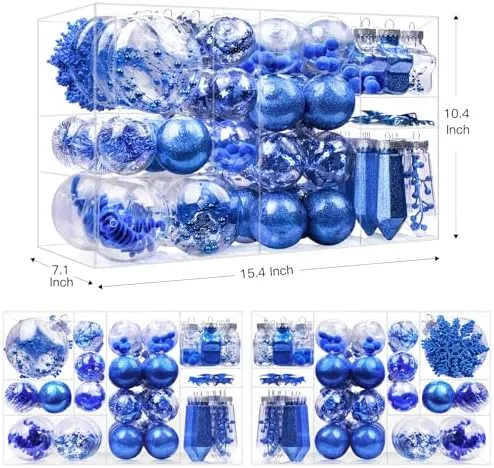 86pcs Blue Shatterproof Plastic Clear Christmas Balls Ornaments Set