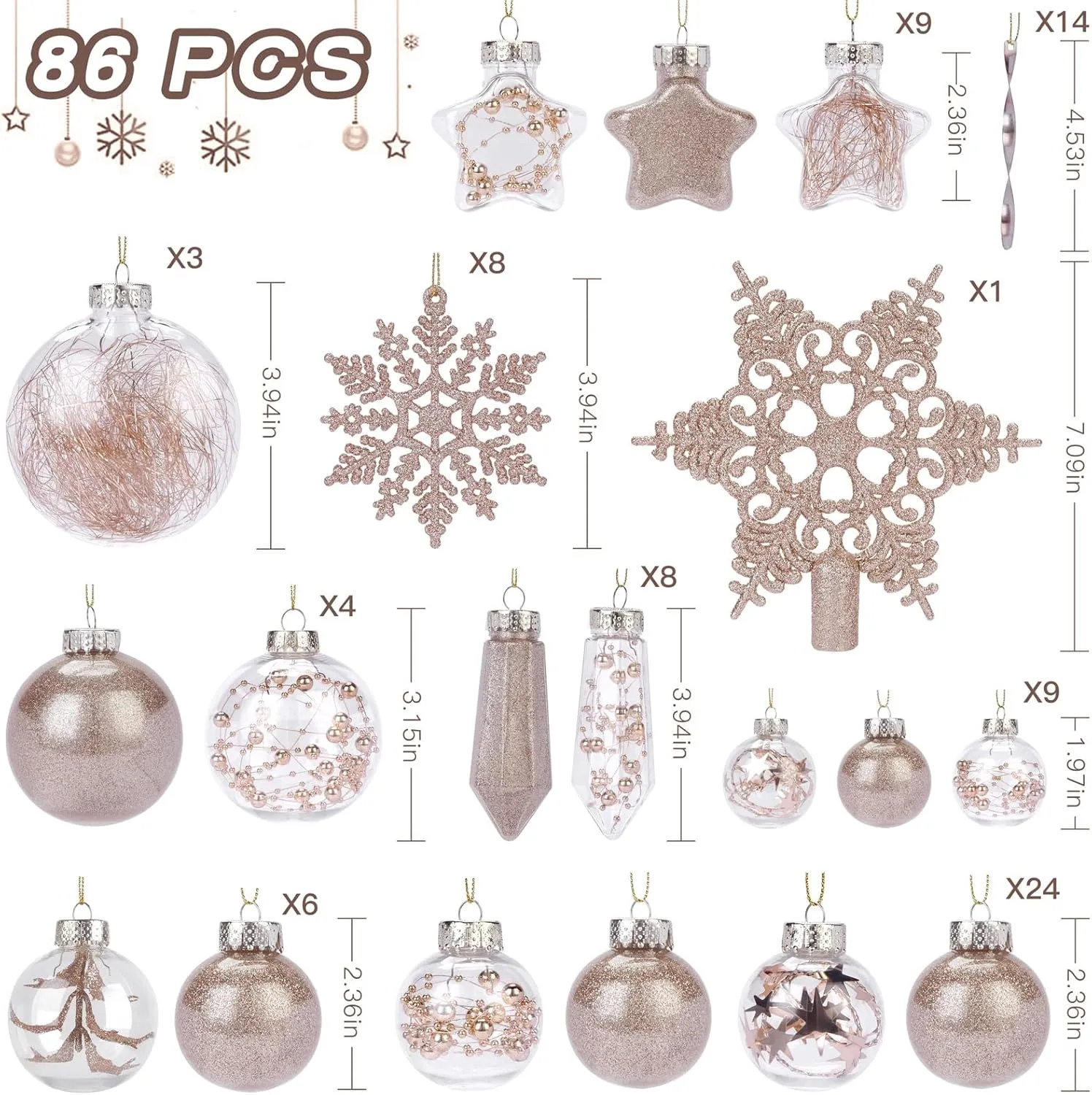 86pcs Christmas Shatterproof Plastic Clear Balls Ornaments Set