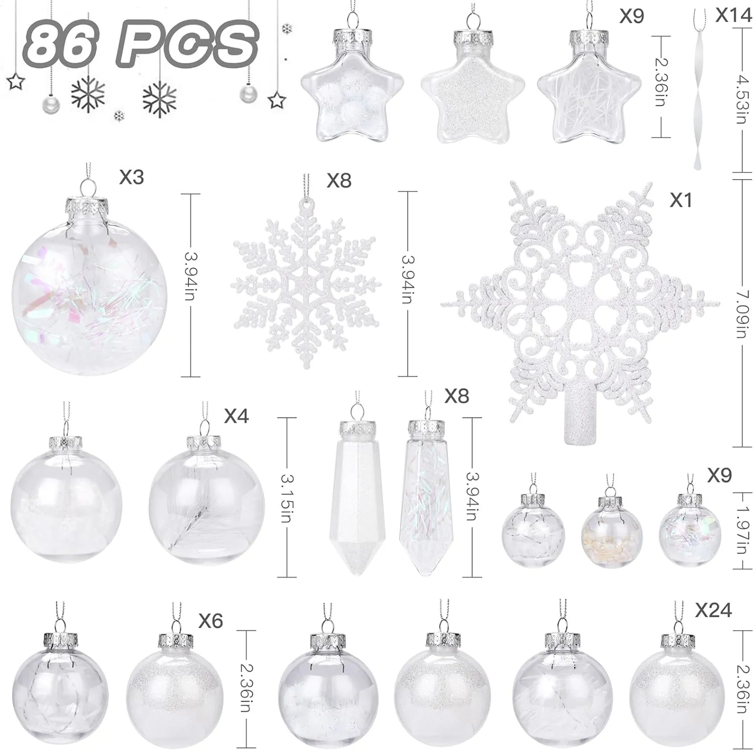 86pcs Shatterproof Plastic Clear Christmas Balls Ornaments Set