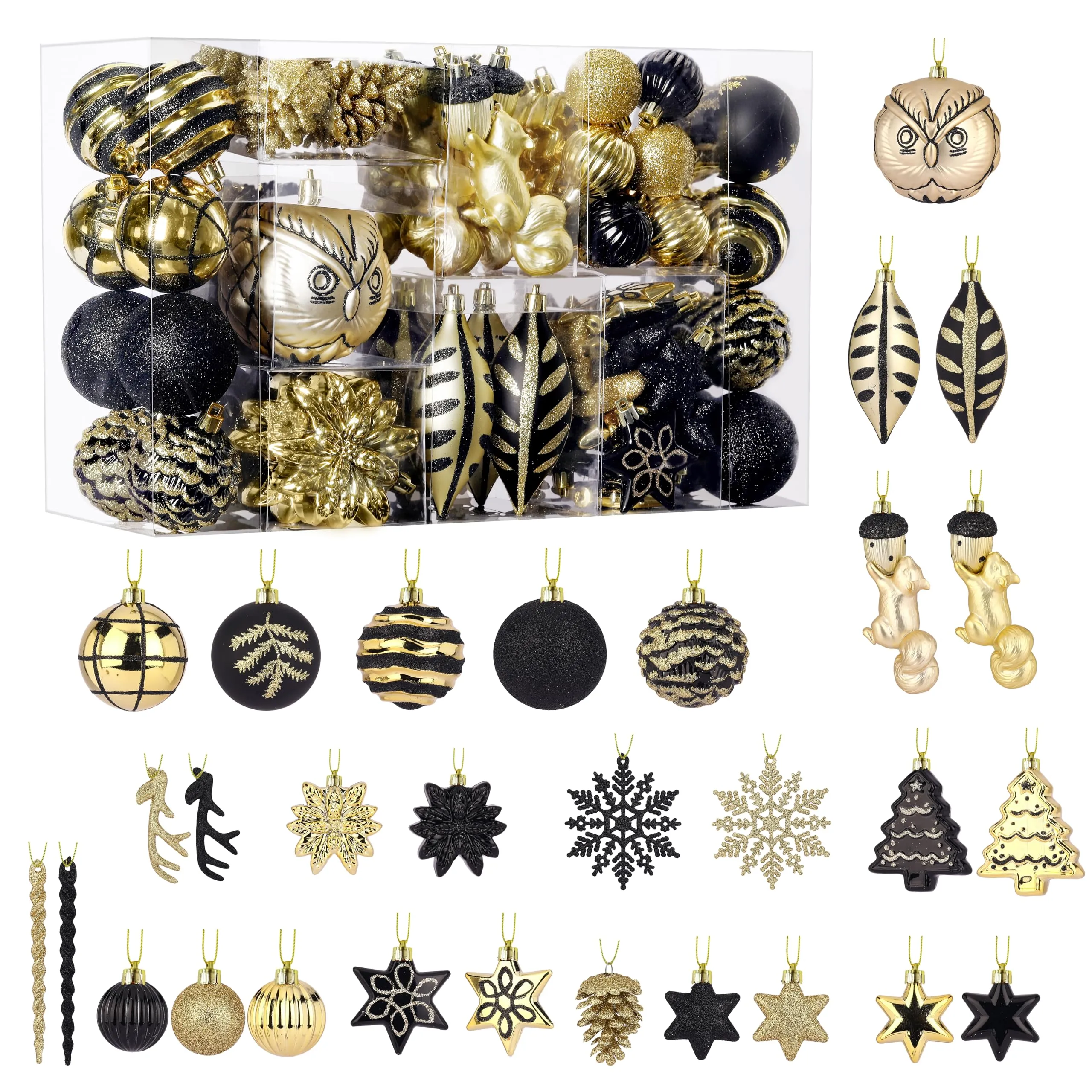 96pcs Black & Gold Forest Theme and Animal Designs Christmas Tree Ornaments Set