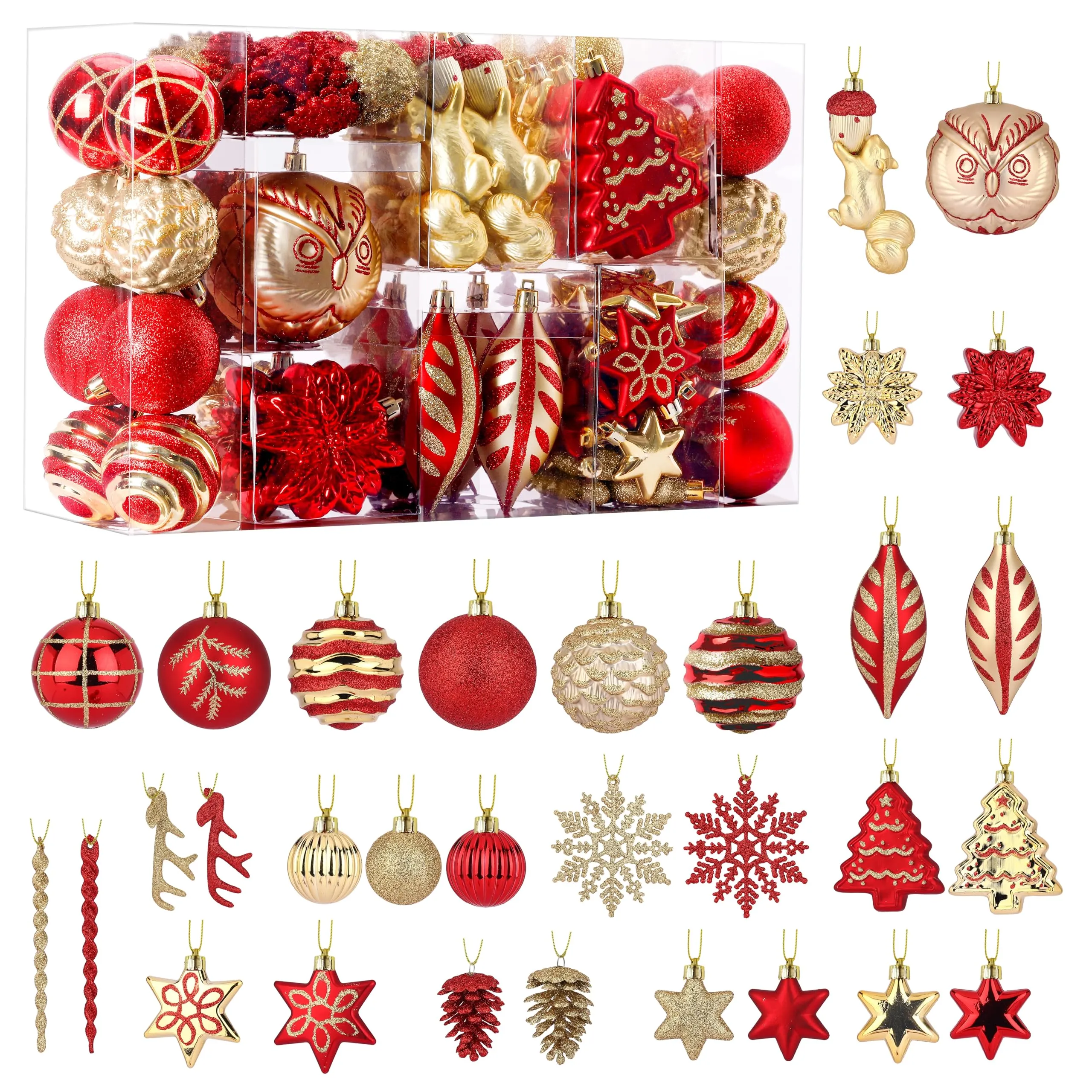 96pcs Red & Gold Forest Theme and Animal Designs Christmas Tree Ornaments Set