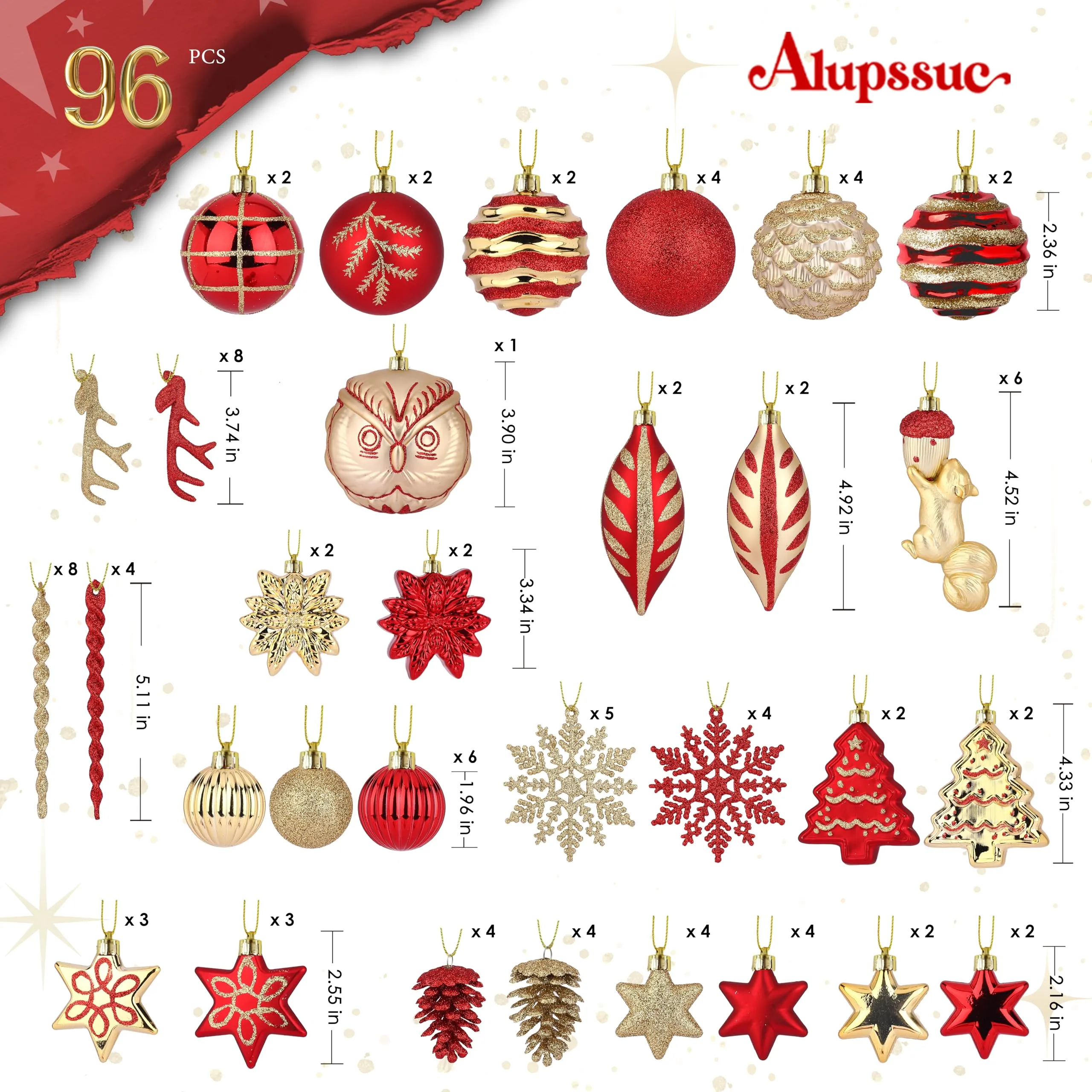 96pcs Red & Gold Forest Theme and Animal Designs Christmas Tree Ornaments Set