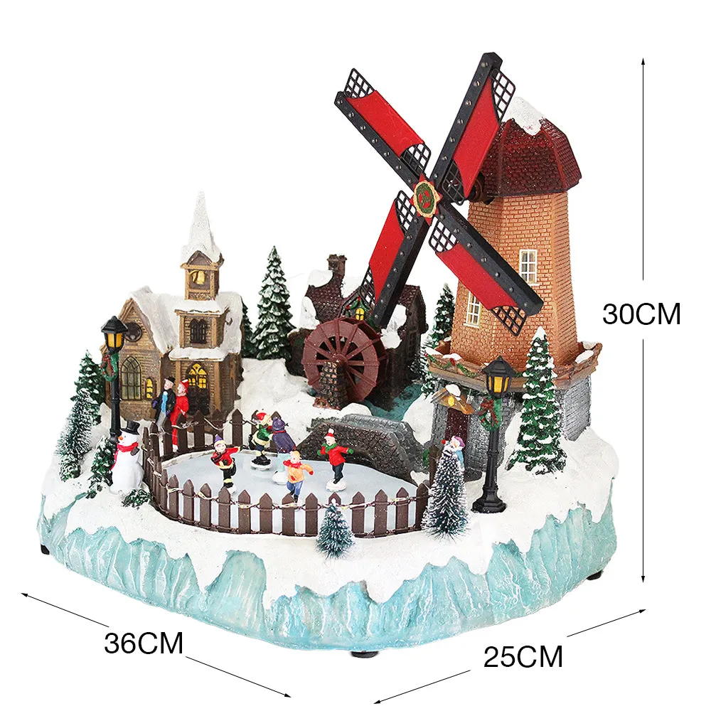 Animated Christmas Village Moving Windmill Skaters Waterwheel LED Lights Music