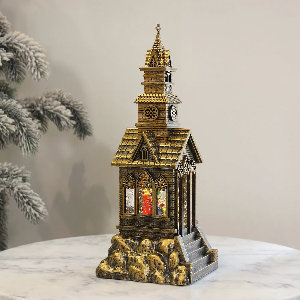 Christmas Musical Water Lantern Vintage Church with Swirling Confetti LED Lights