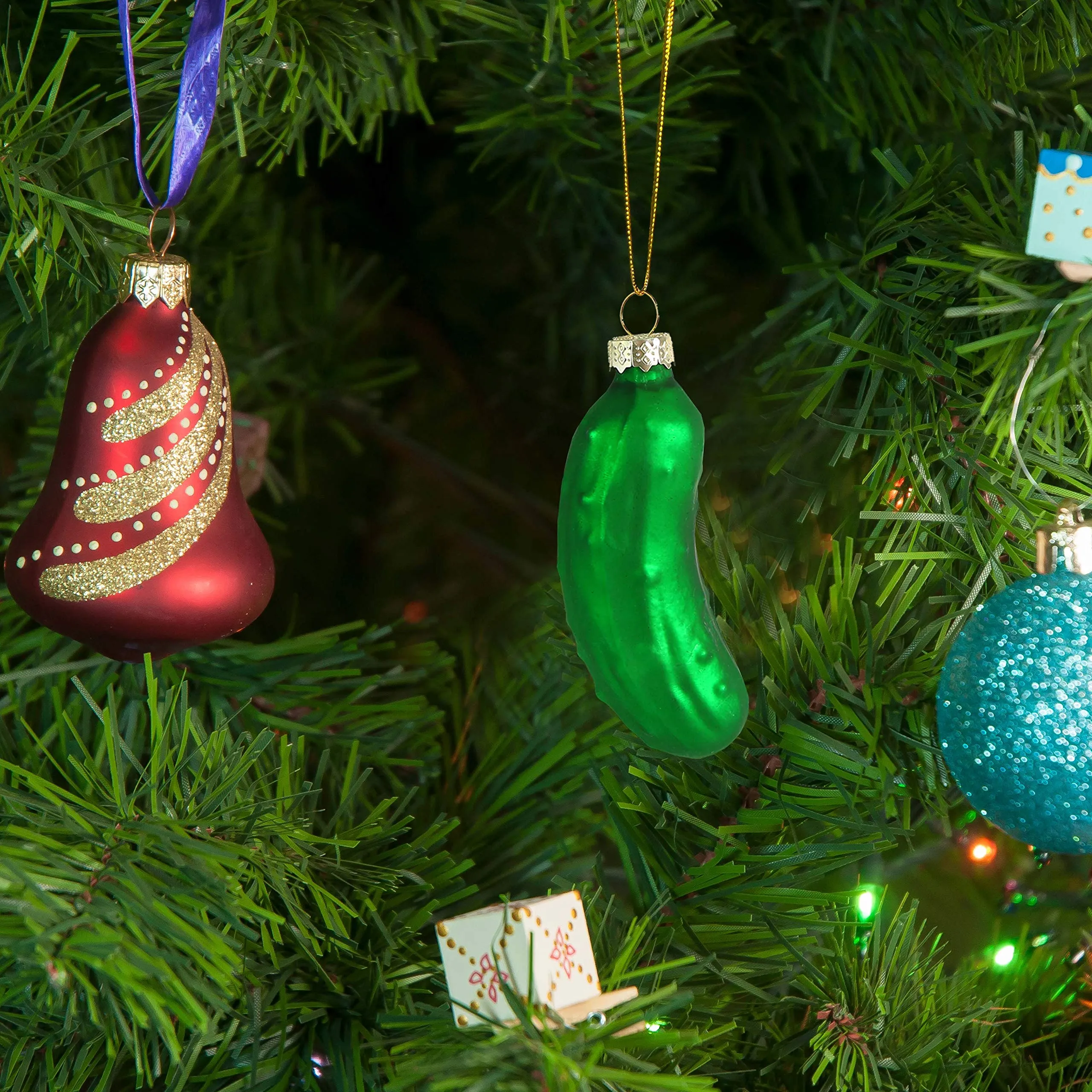 Christmas Pickle Tree Ornament - Traditional Glass Blown Green Hanging Pickle Ornaments Pack of 4