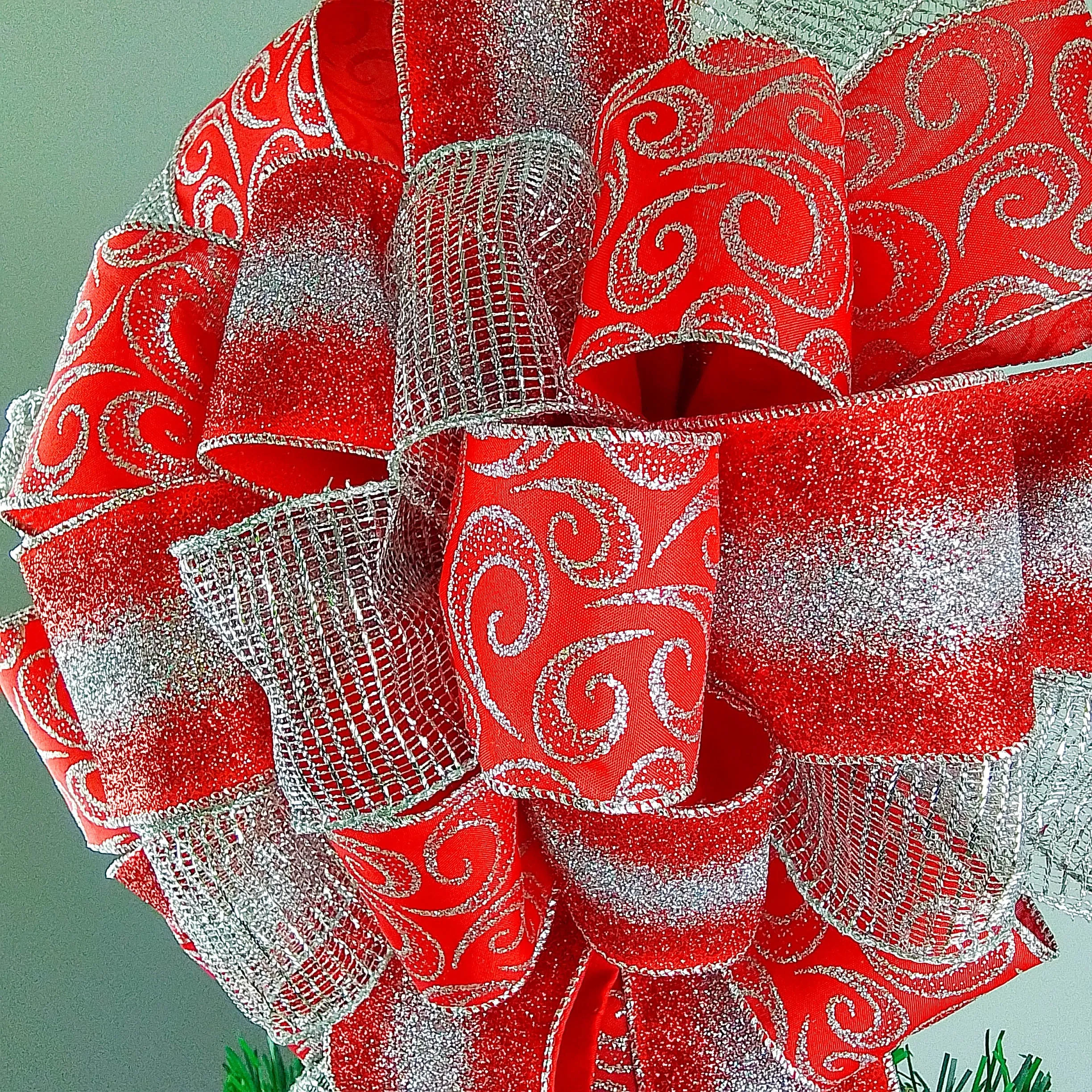 Christmas Tree Topper Bow | Red and Silver Bow | Present Bow