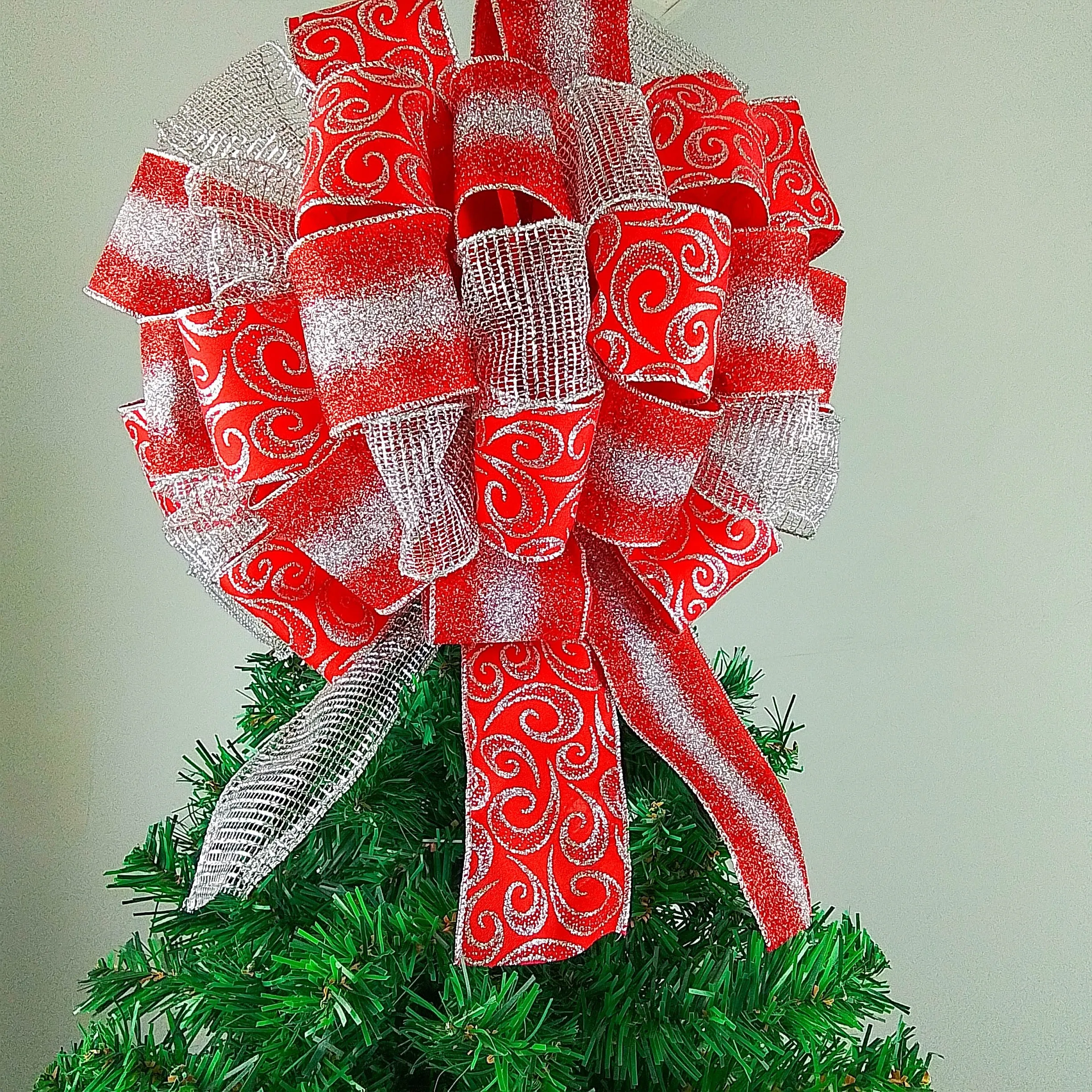 Christmas Tree Topper Bow | Red and Silver Bow | Present Bow