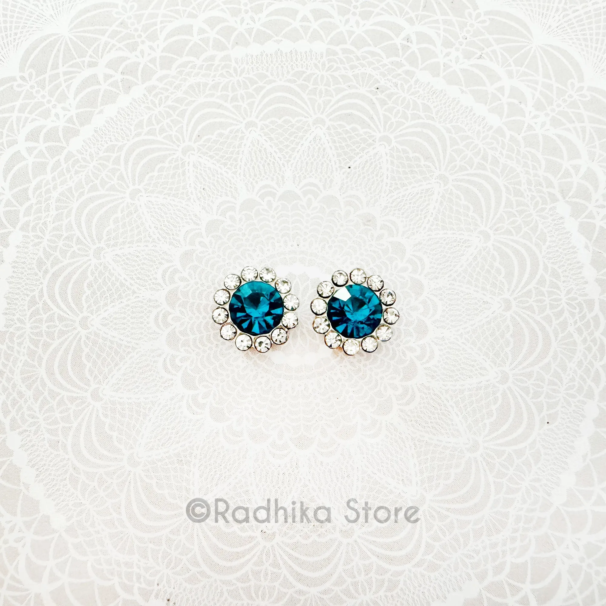 Flower  Rhinestone Earrings - 1/2 Inch Teal Blue -Silvery