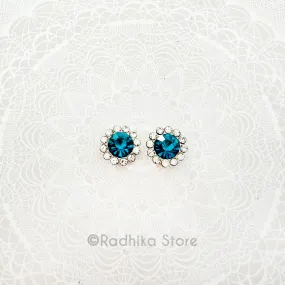 Flower  Rhinestone Earrings - 1/2 Inch Teal Blue -Silvery