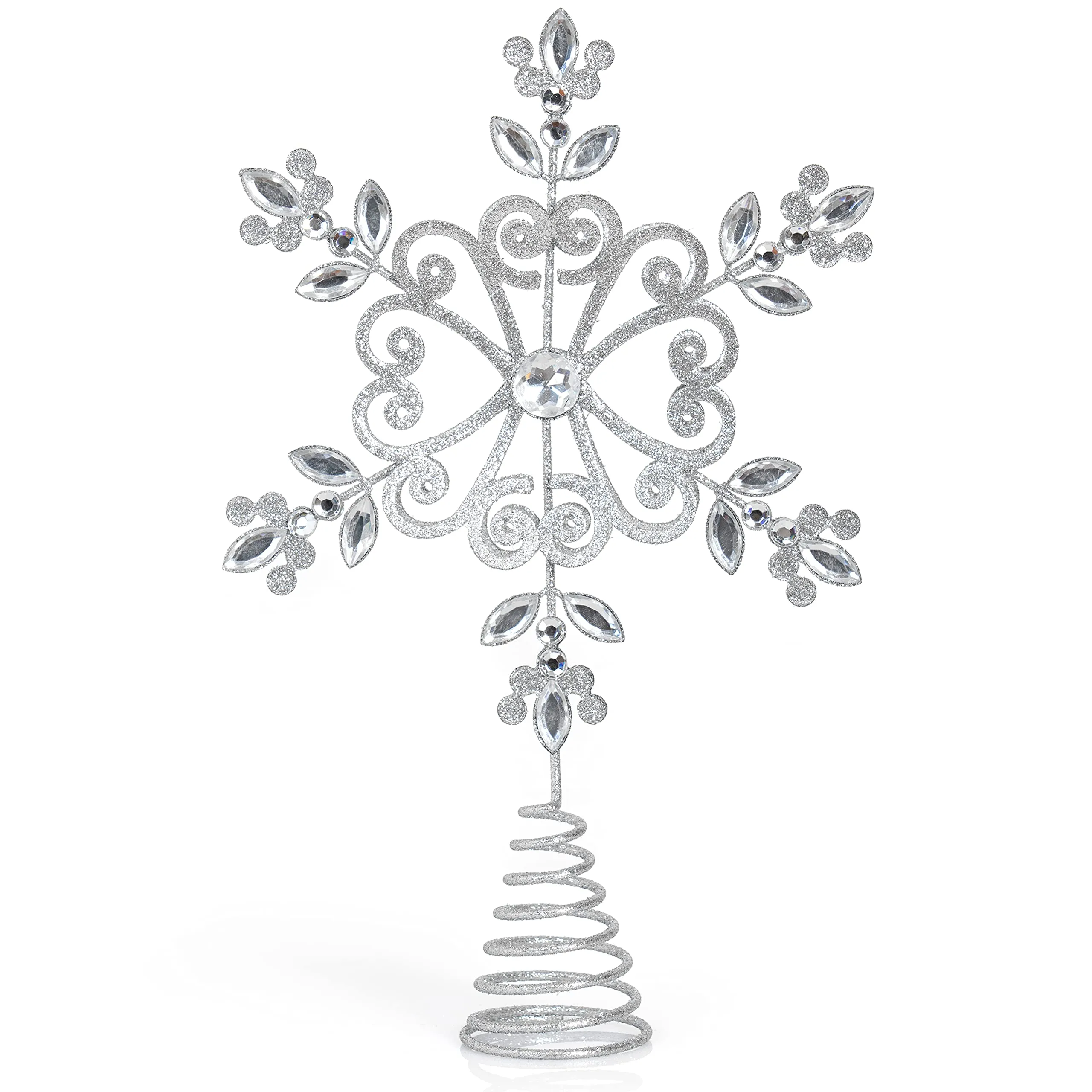 Flower Snowflake Tree Topper - Silver Glitter Intricate Designed Floral Snowflake Shaped Ornament with Sparkling Gem Detailed Christmas Star Tree Top Decorations