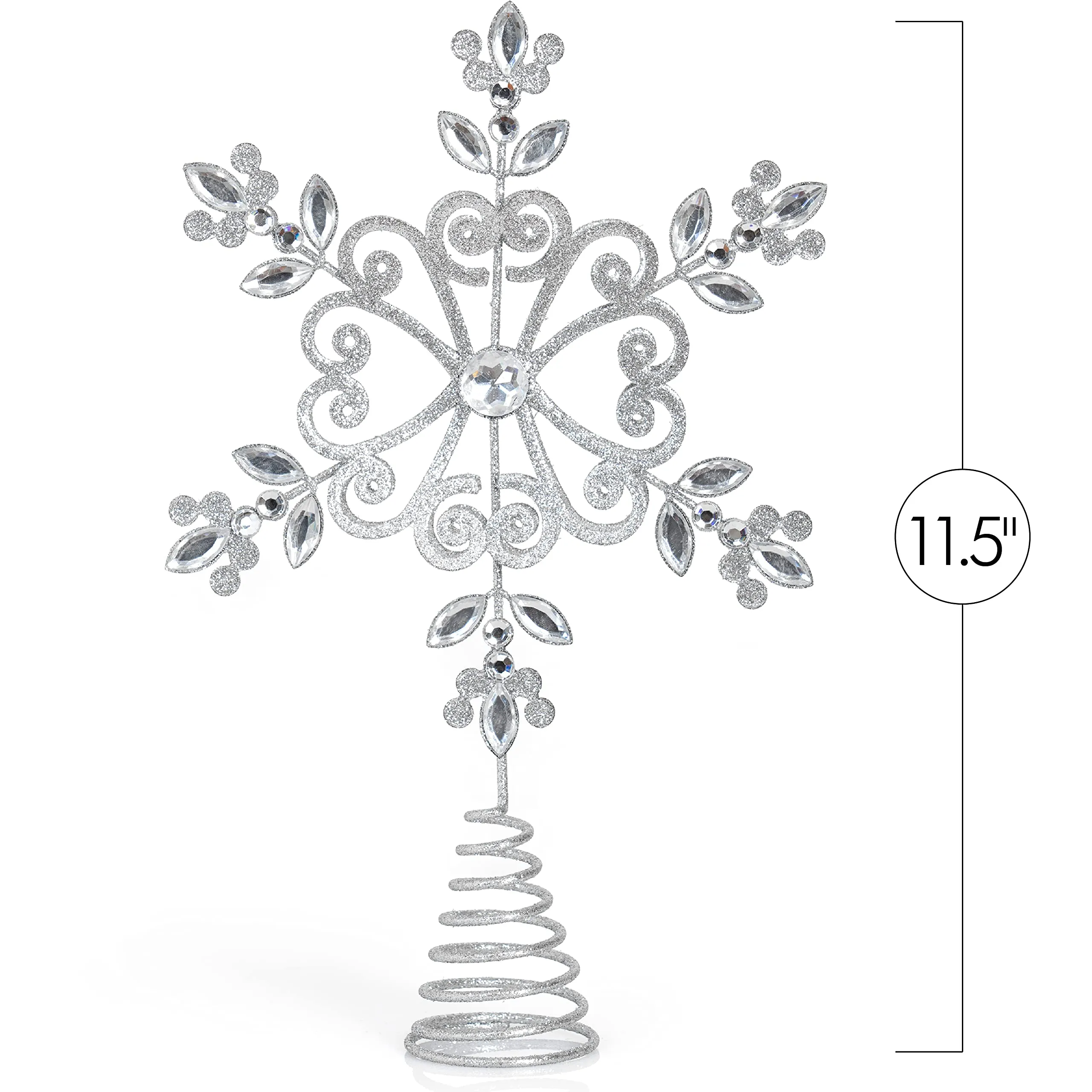 Flower Snowflake Tree Topper - Silver Glitter Intricate Designed Floral Snowflake Shaped Ornament with Sparkling Gem Detailed Christmas Star Tree Top Decorations