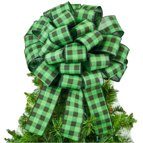 Green Black Buffalo Plaid Check Bow Christmas Tree Toppers