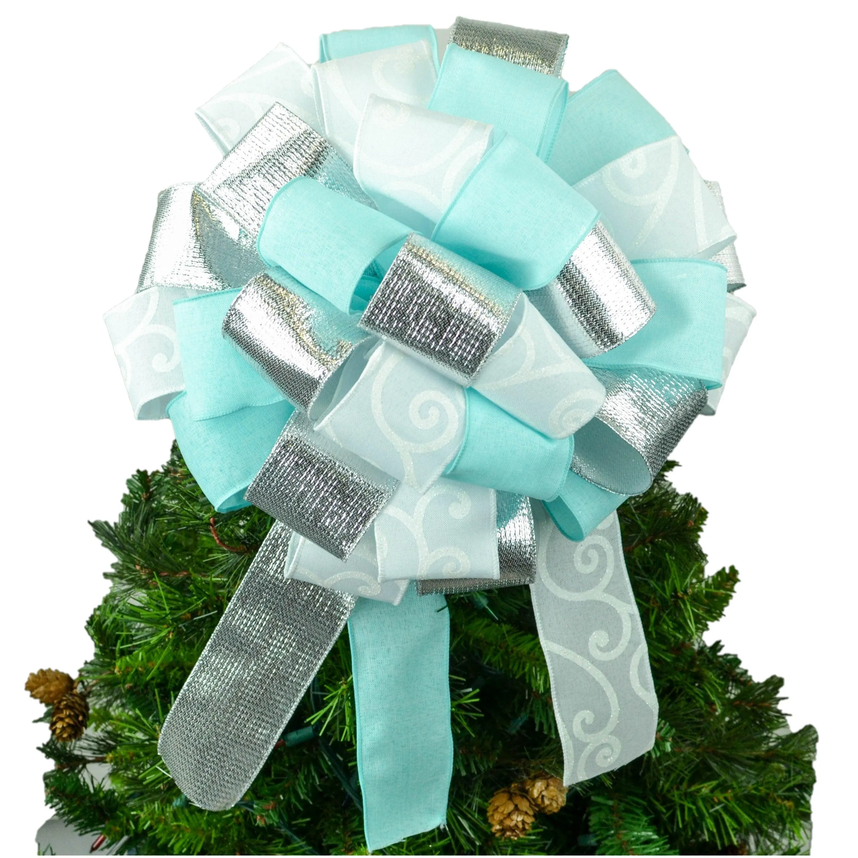 Ice Blue Silver Bow Christmas Tree Topper - Fluffy Gift Present Bow