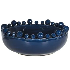 Large Dark Blue Ceramic Bowl with Bobbles on Rim