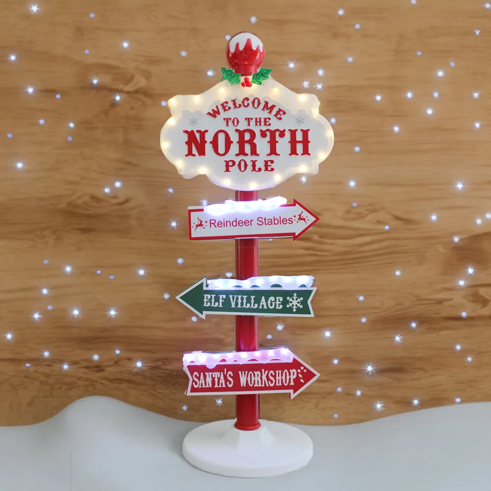 LED Chirstmas Village North Pole Signpost with Changing Flashing Lights