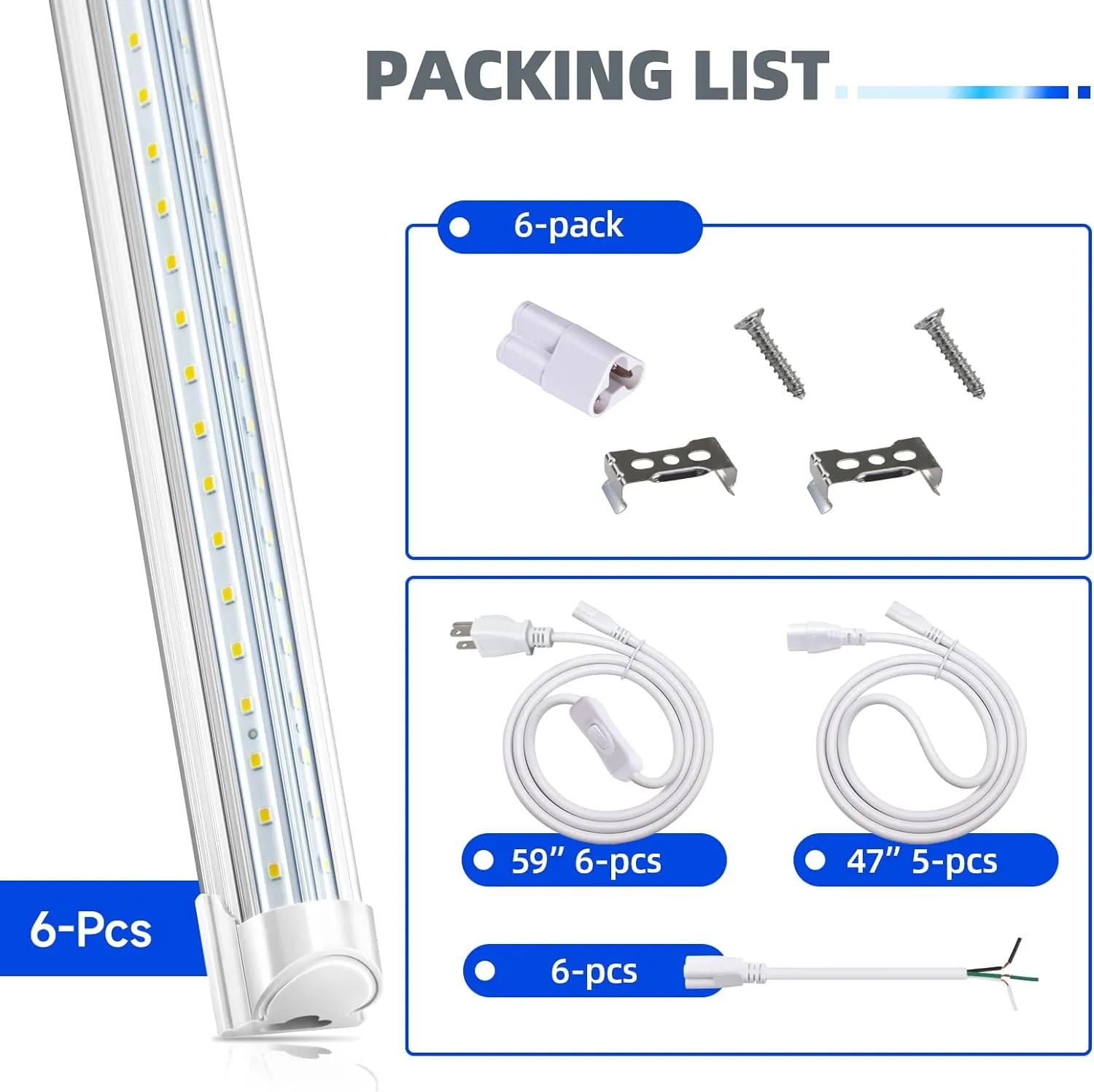 LED Shop Light, 6FT 60W 8000LM 5000K, Clear Cover Linkable LED Garage Lights, V-shape LED Light Fixture