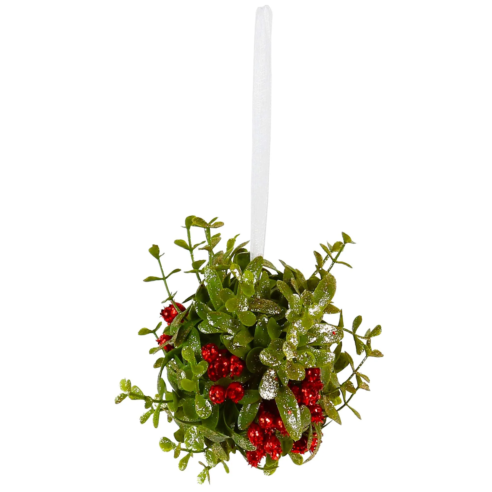 Mistletoe Glitter Hanging Ornament - Christmas Mistletoe Ball with Red Berries Holiday Decoration