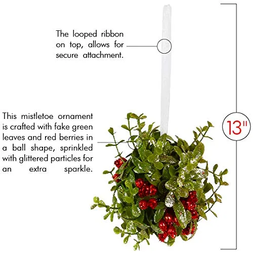 Mistletoe Glitter Hanging Ornament - Christmas Mistletoe Ball with Red Berries Holiday Decoration