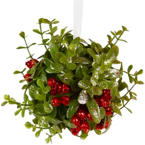 Mistletoe Glitter Hanging Ornament - Christmas Mistletoe Ball with Red Berries Holiday Decoration