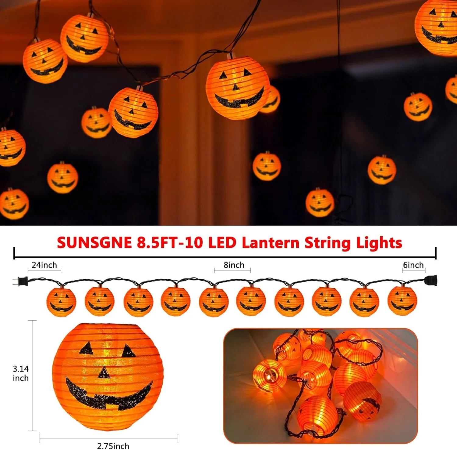 Outdoor Halloween Pumpkin Lantern String Lights with Smiling Jack O Lantern Pumpkins - 8.5Ft, 10 Lights