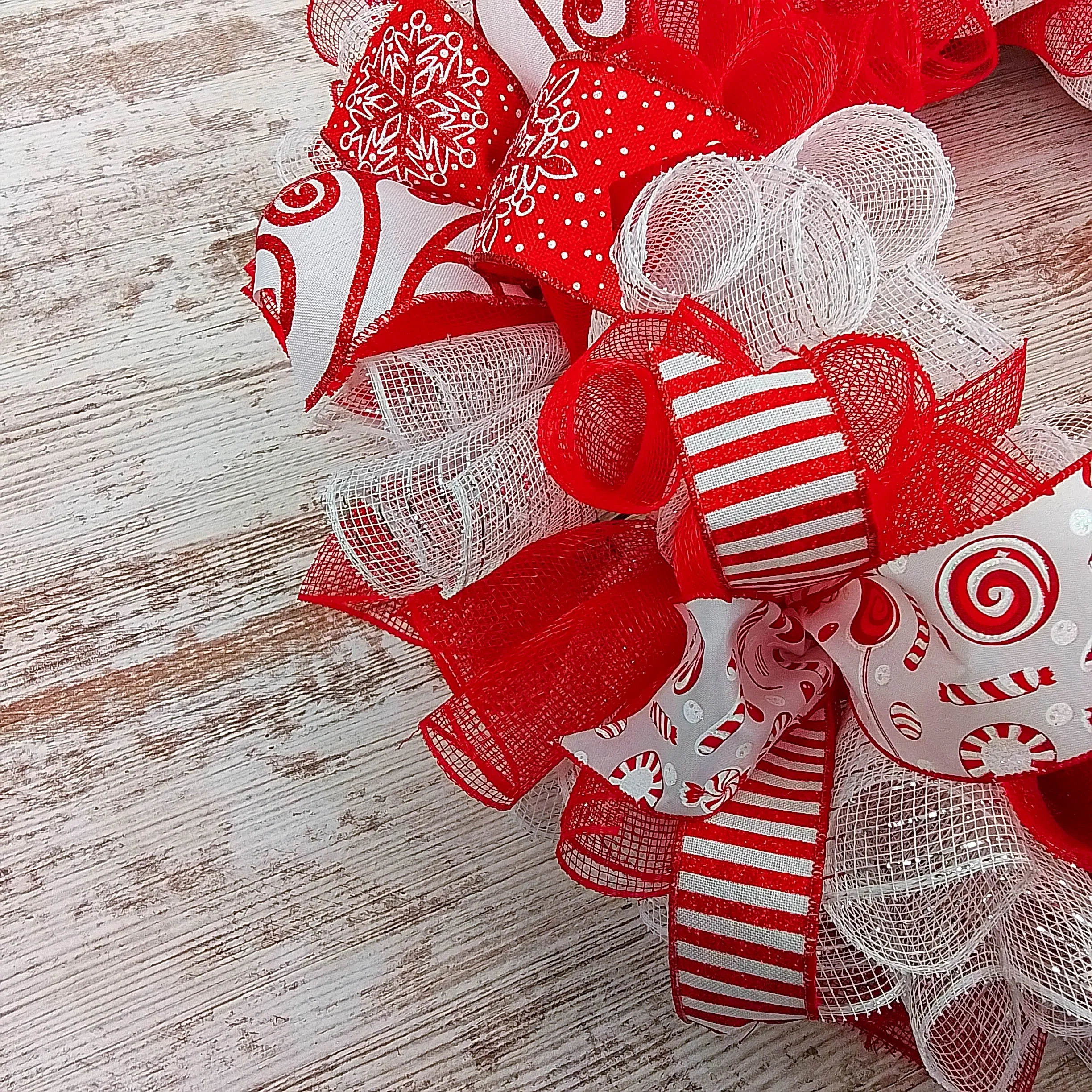 Peppermint Candy Cane Christmas Wreath - Red White Mesh Christmas Door Decorations