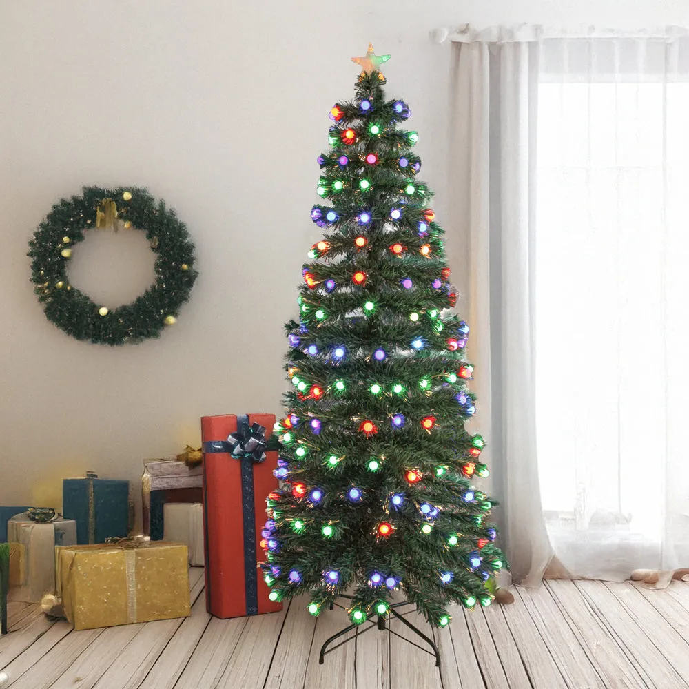 Pre-lit Green Christmas Tree with Fibre Optic Lights & 5-Mode Multicolor LED Frosted Bulbs