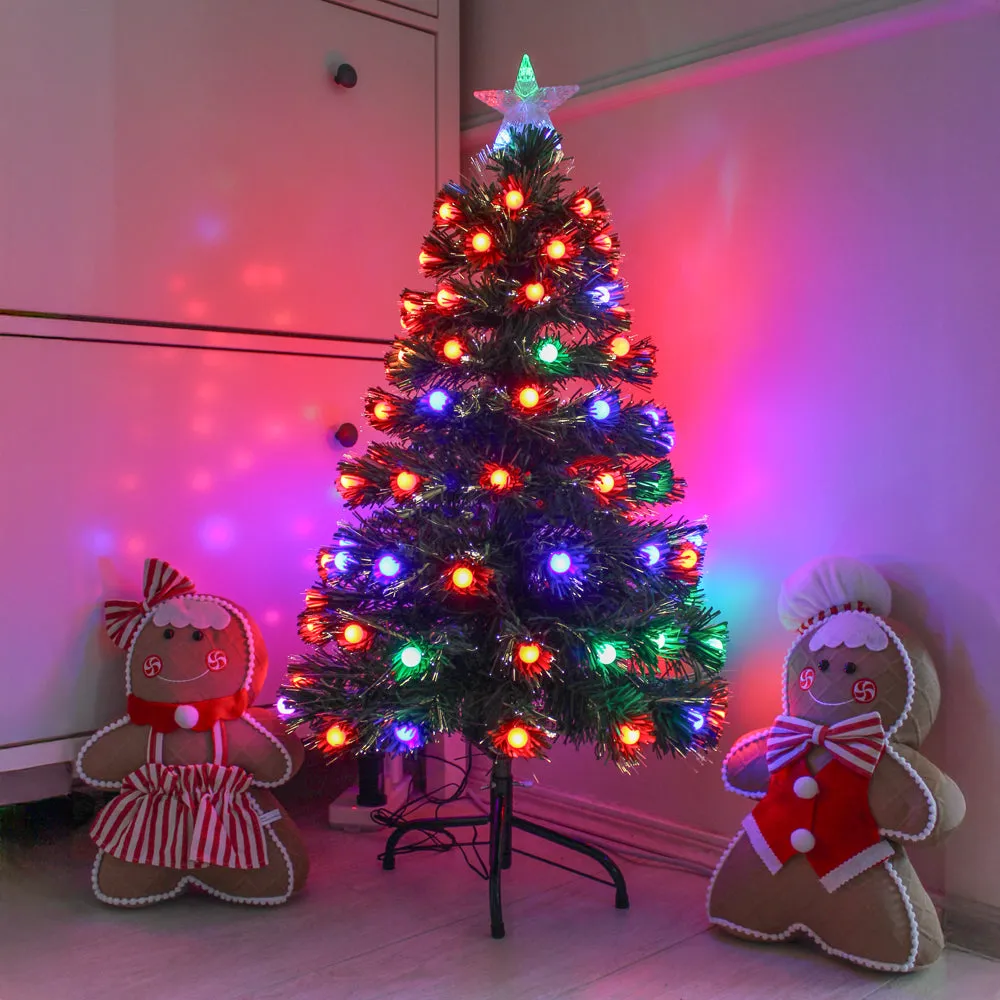 Pre-lit Green Christmas Tree with Fibre Optic Lights & 5-Mode Multicolor LED Frosted Bulbs