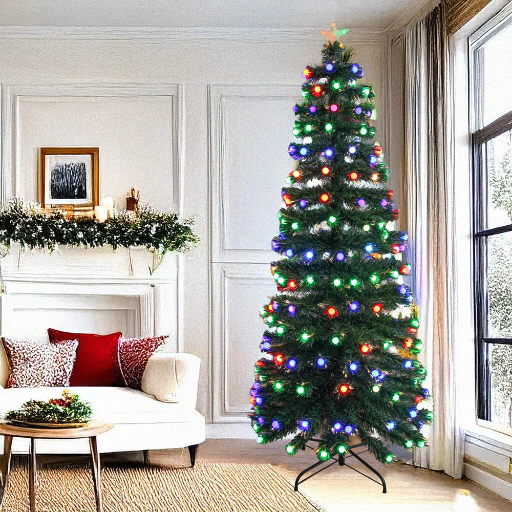 Pre-lit Green Christmas Tree with Fibre Optic Lights & 5-Mode Multicolor LED Frosted Bulbs