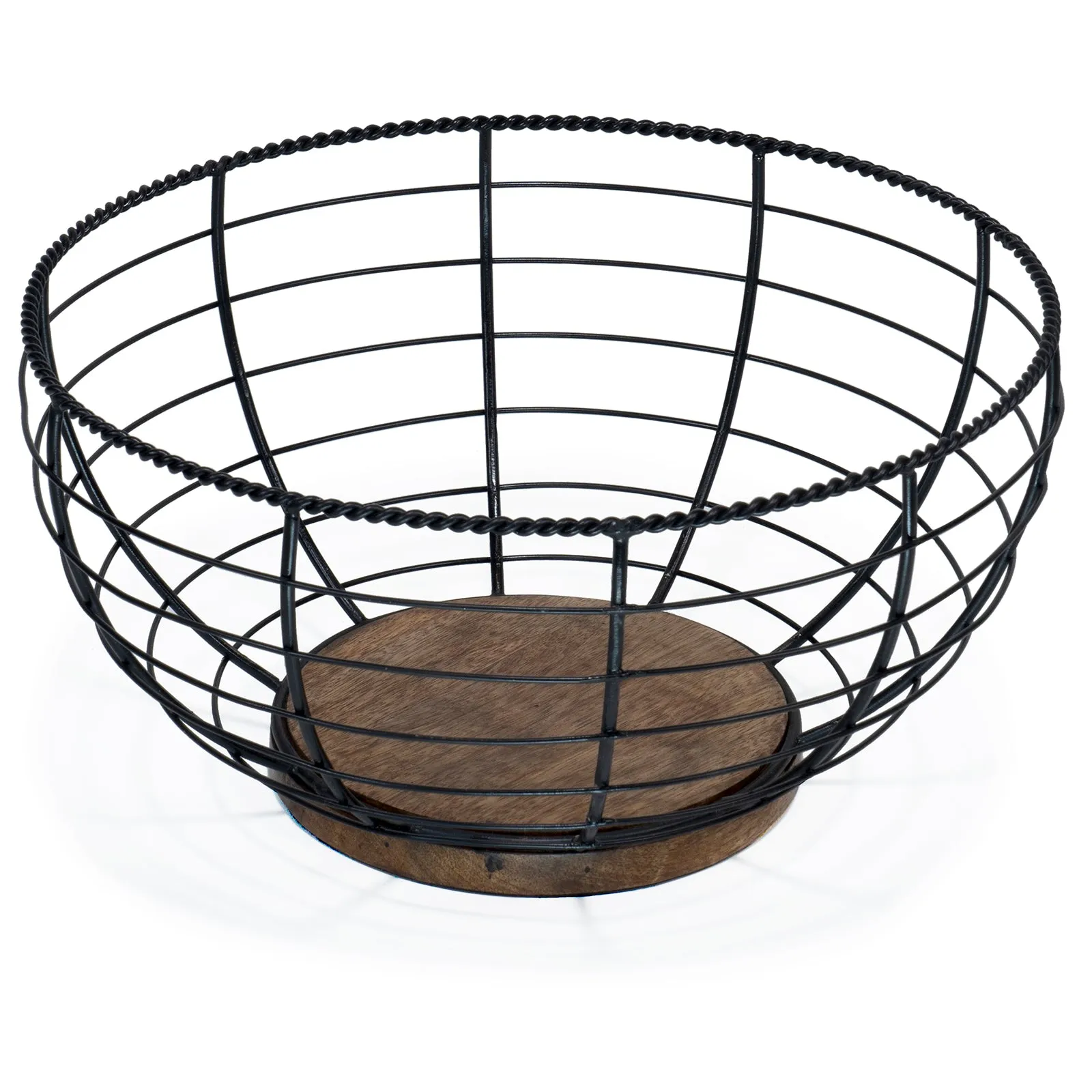 Red Co. 12” Decorative Black Aluminum Wire Centerpiece Basket Bowl with Wooden Bottom