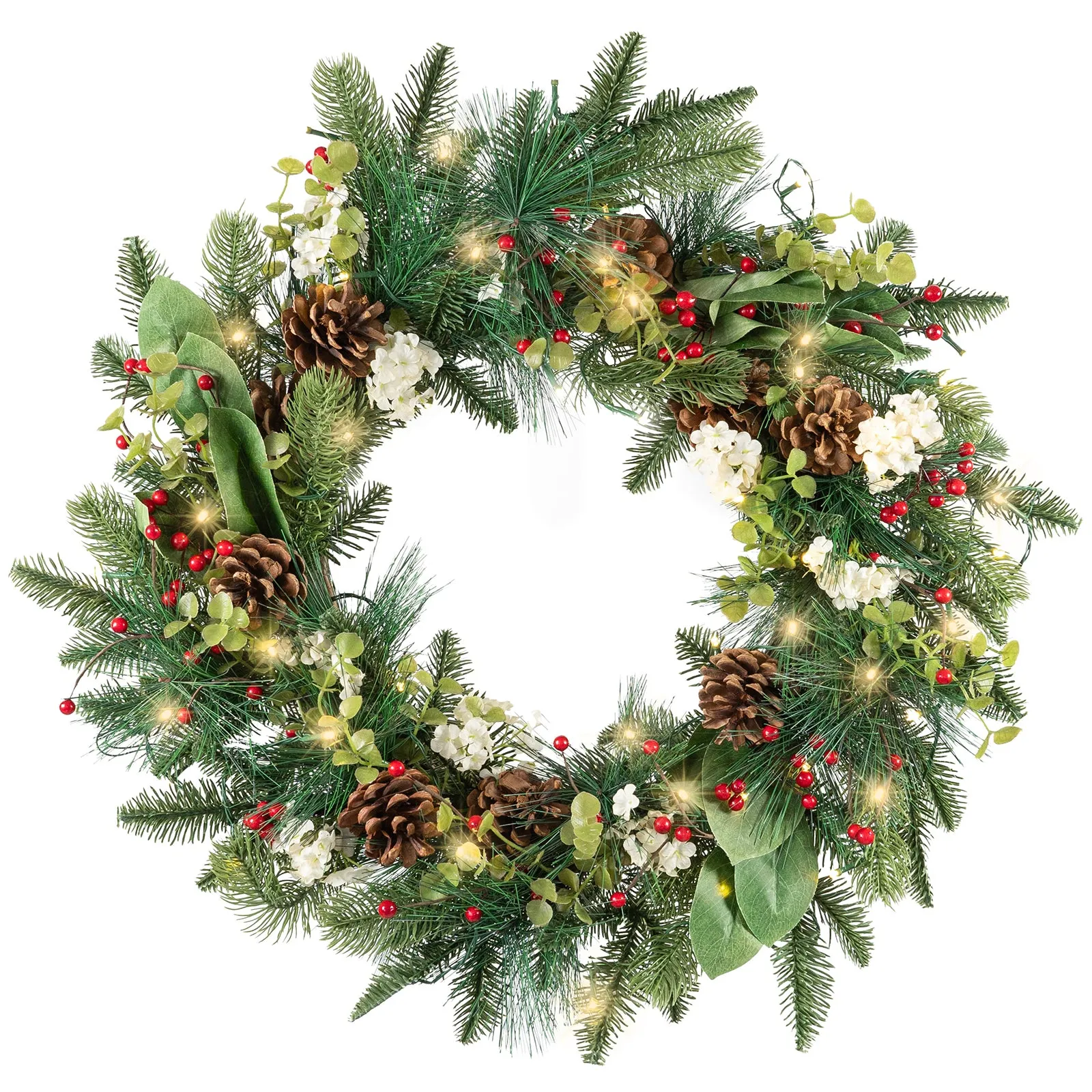 Red Co. 26” Decorative Artificial Light-Up Christmas Wreath with Pinecones & White Flowers, Battery-Operated LED Lights with Timer