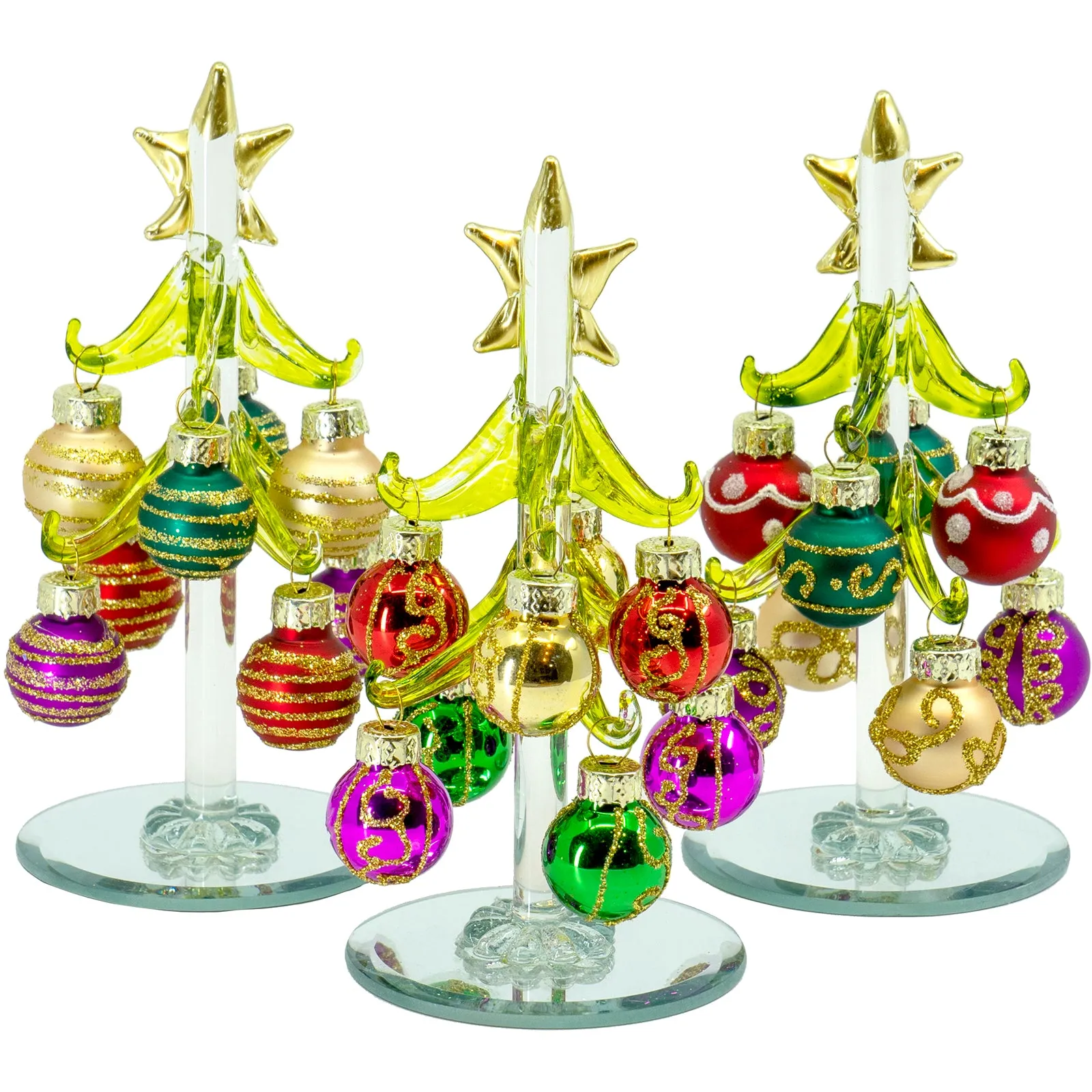 Red Co. Glass Christmas Tree Tabletop Display Decoration with Assorted Ball Ornaments, Holiday Season Decor, 5 Inches, Set of 3