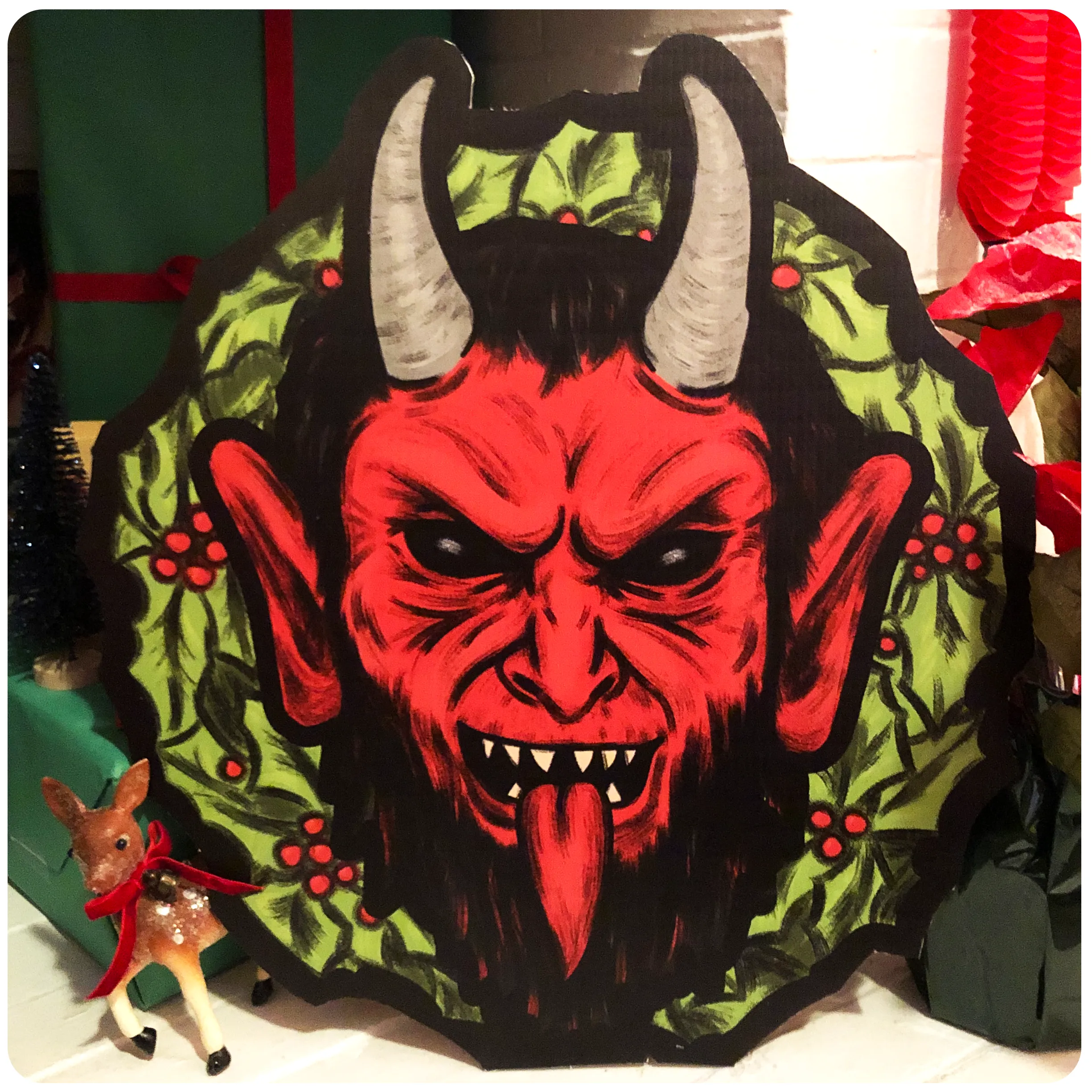 Retro Inspired Outdoor Krampus Christmas Wreath Yard Decoration