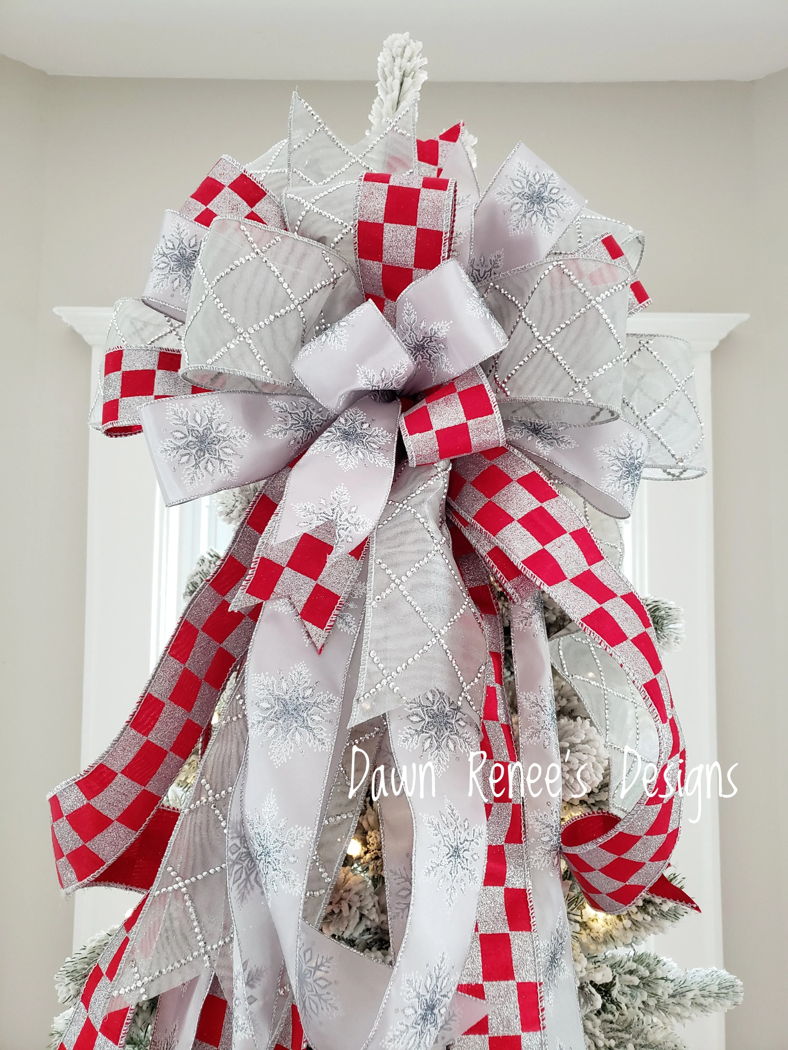 Silver Red Christmas Tree Topper Bow