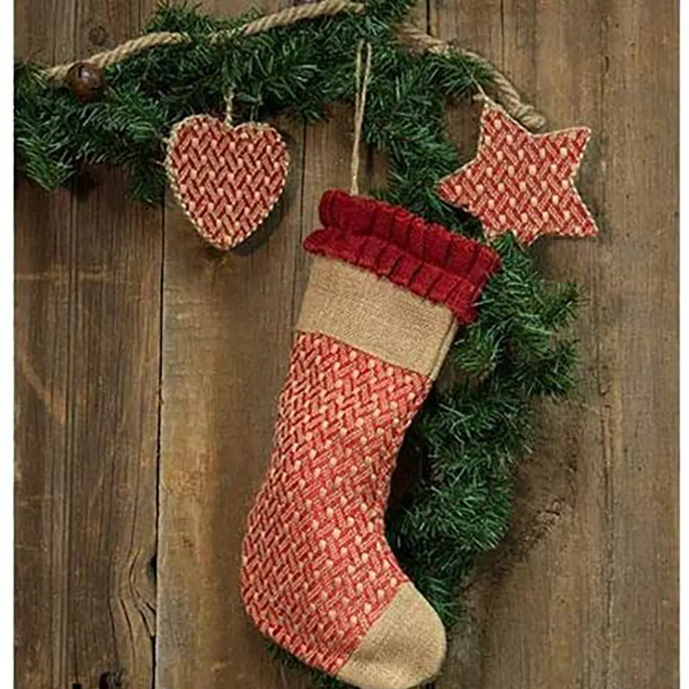 Traditional Homespun Burlap Christmas Stockings Decoration - Christmas Tree, Fireplace, Wall Decor - Rustic Ornaments